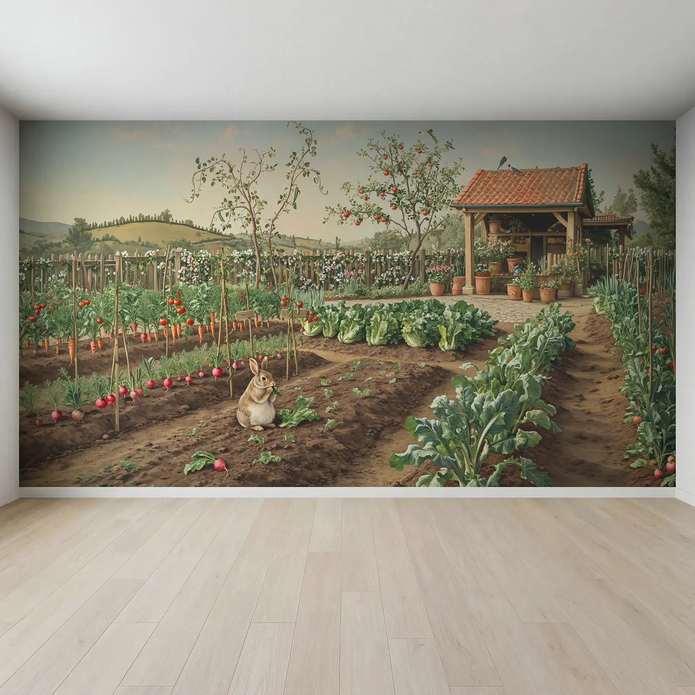 Full view of Kitchen Garden Rabbit Wallpaper Mural by Whimsy Tots