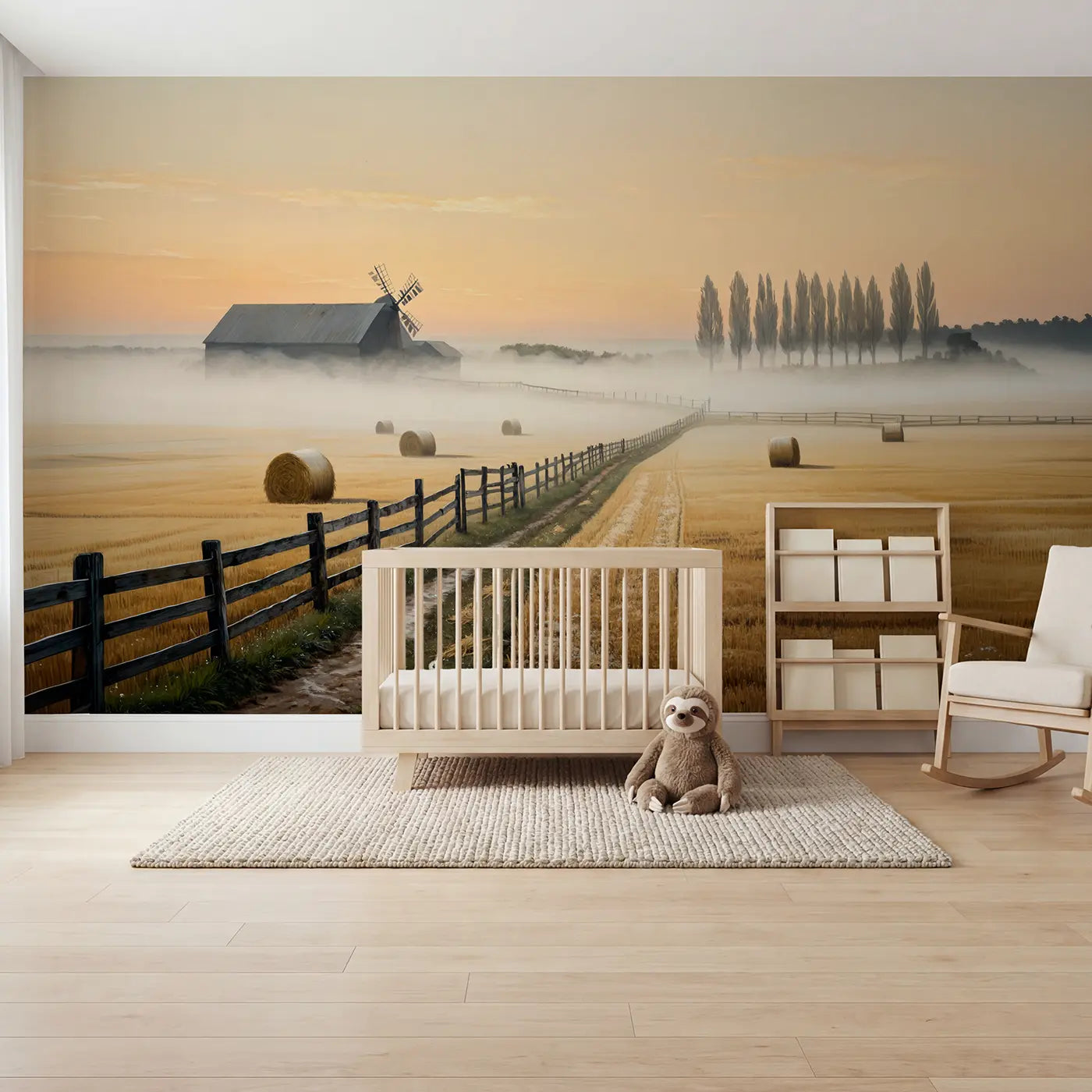 Block print farmland wheat barn windmill wallpaper mural for kids room by Whimsy Tots