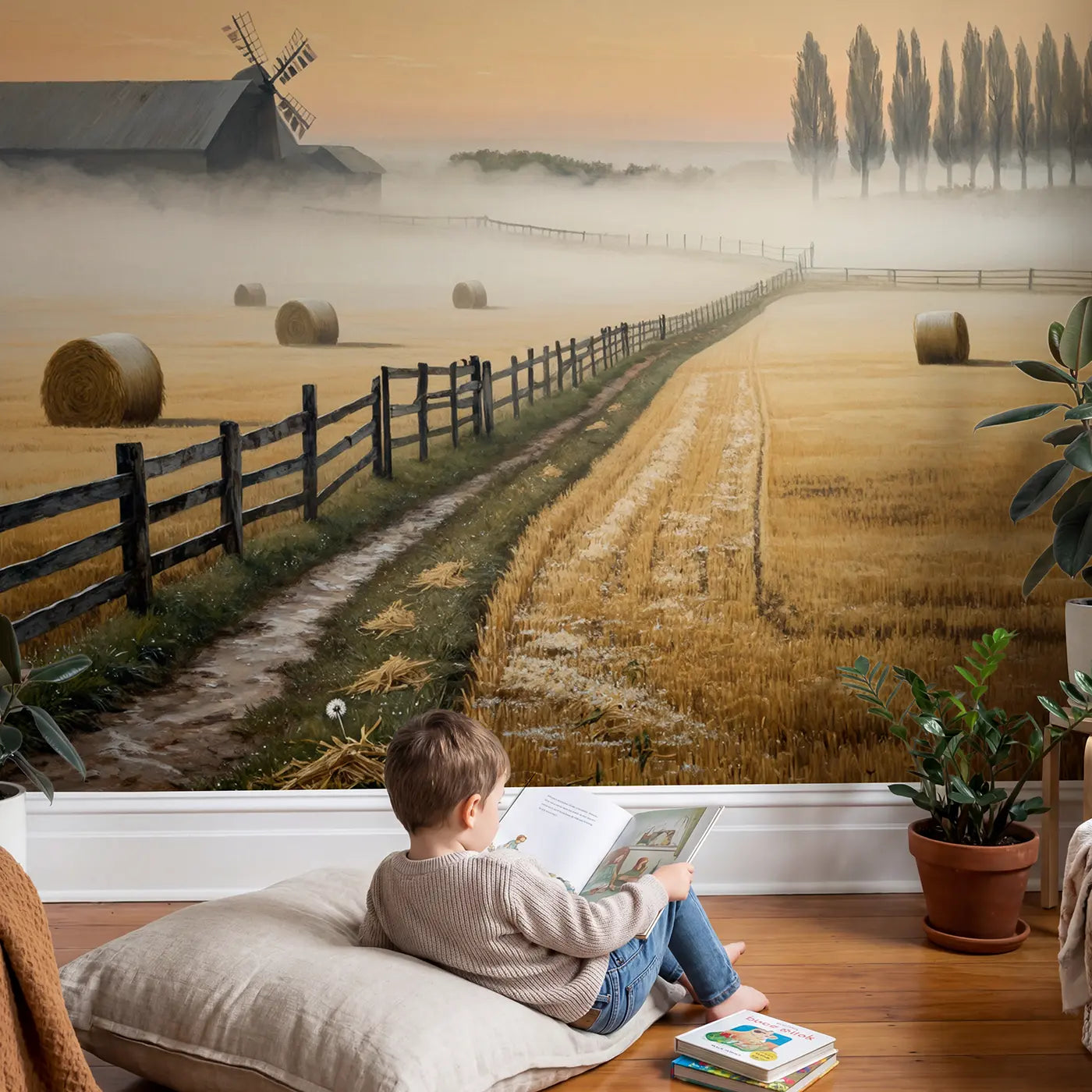 Child in nursery with Misty Morning Farmland Wallpaper Mural by Whimsy Tots