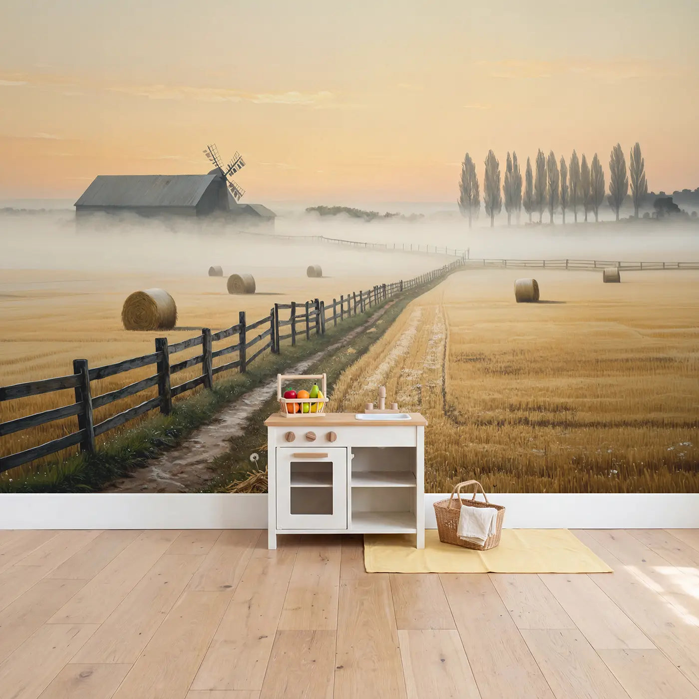 Misty Morning Farmland Wallpaper Mural in playroom setting by Whimsy Tots
