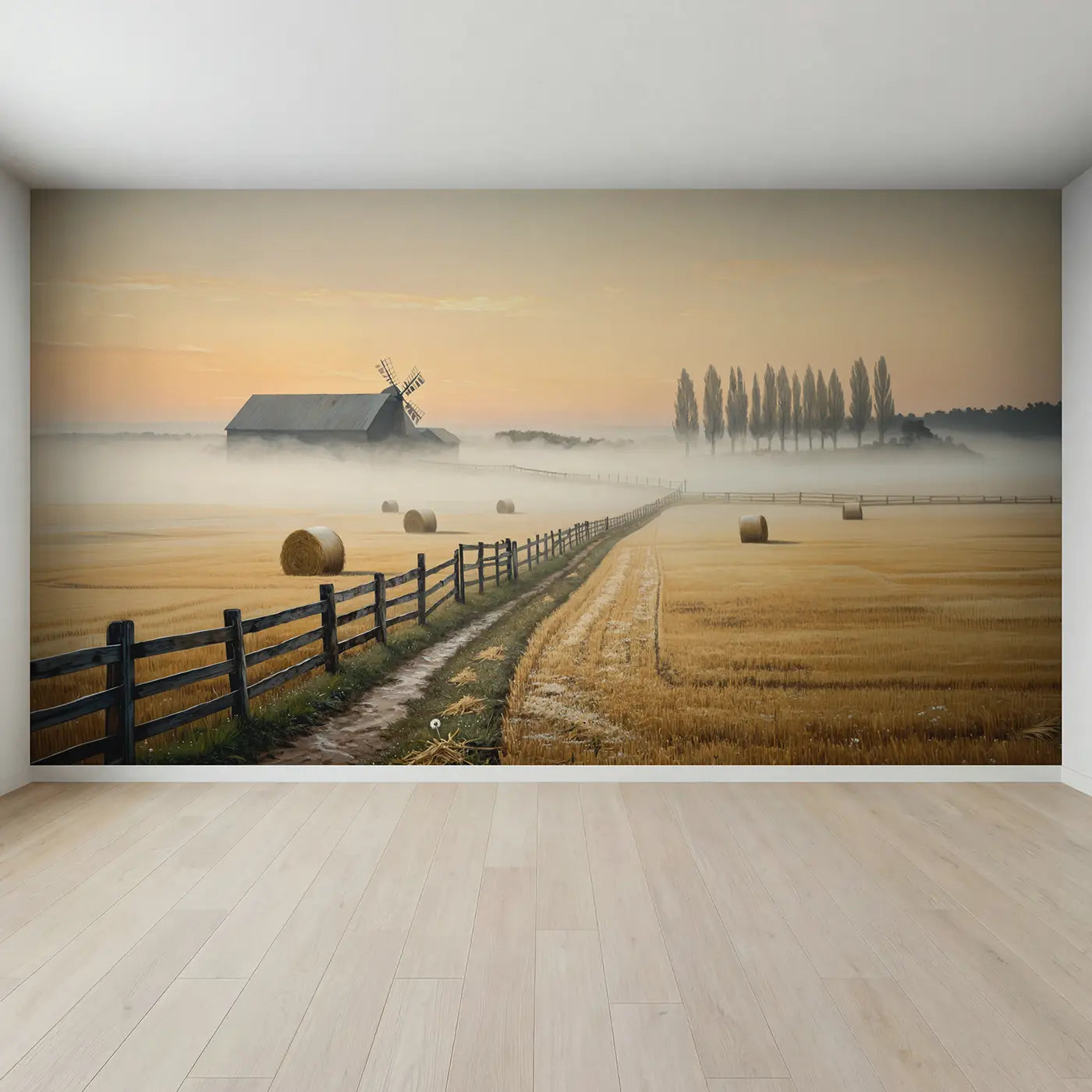 Full view of Misty Morning Farmland Wallpaper Mural by Whimsy Tots