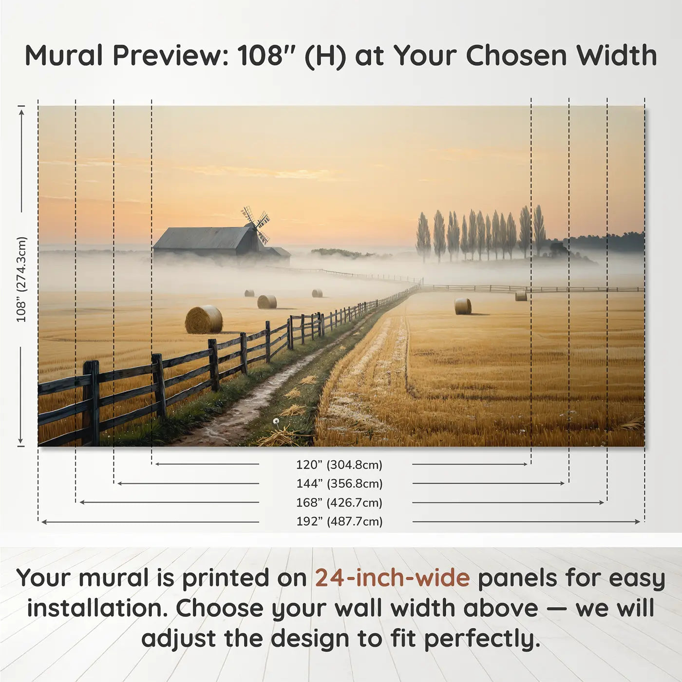 Panel layout and dimensions for Misty Morning Farmland Wallpaper Mural by Whimsy Tots