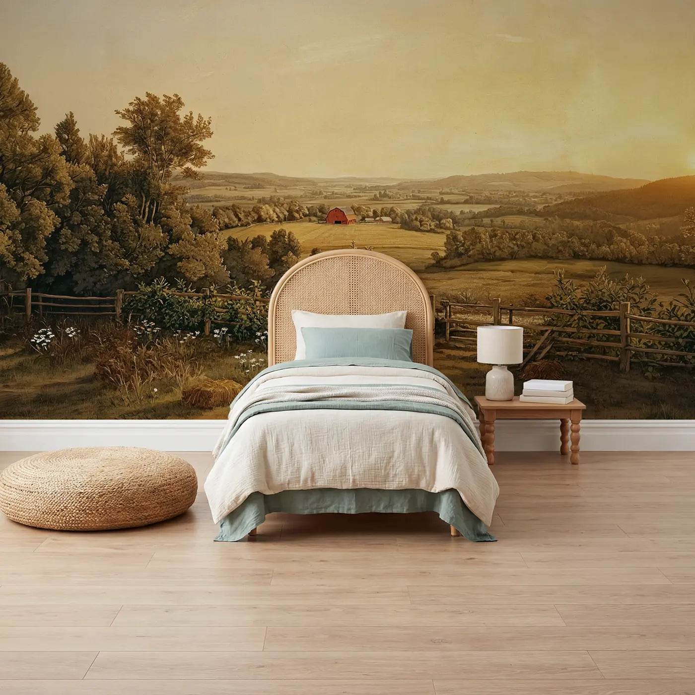 storybook red barn valley farm wallpaper mural for kids room by Whimsy Tots