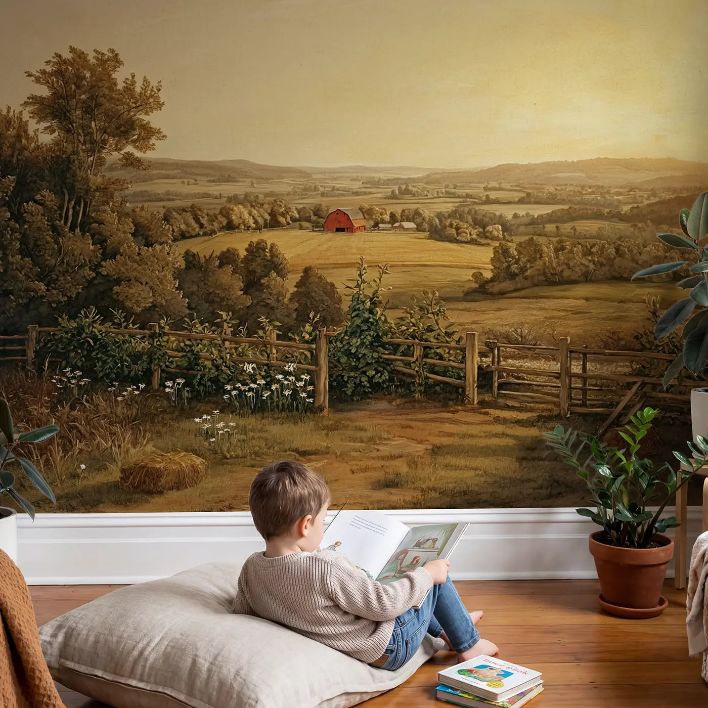 Child in nursery with Red Barn Valley Surrounding Wallpaper Mural by Whimsy Tots