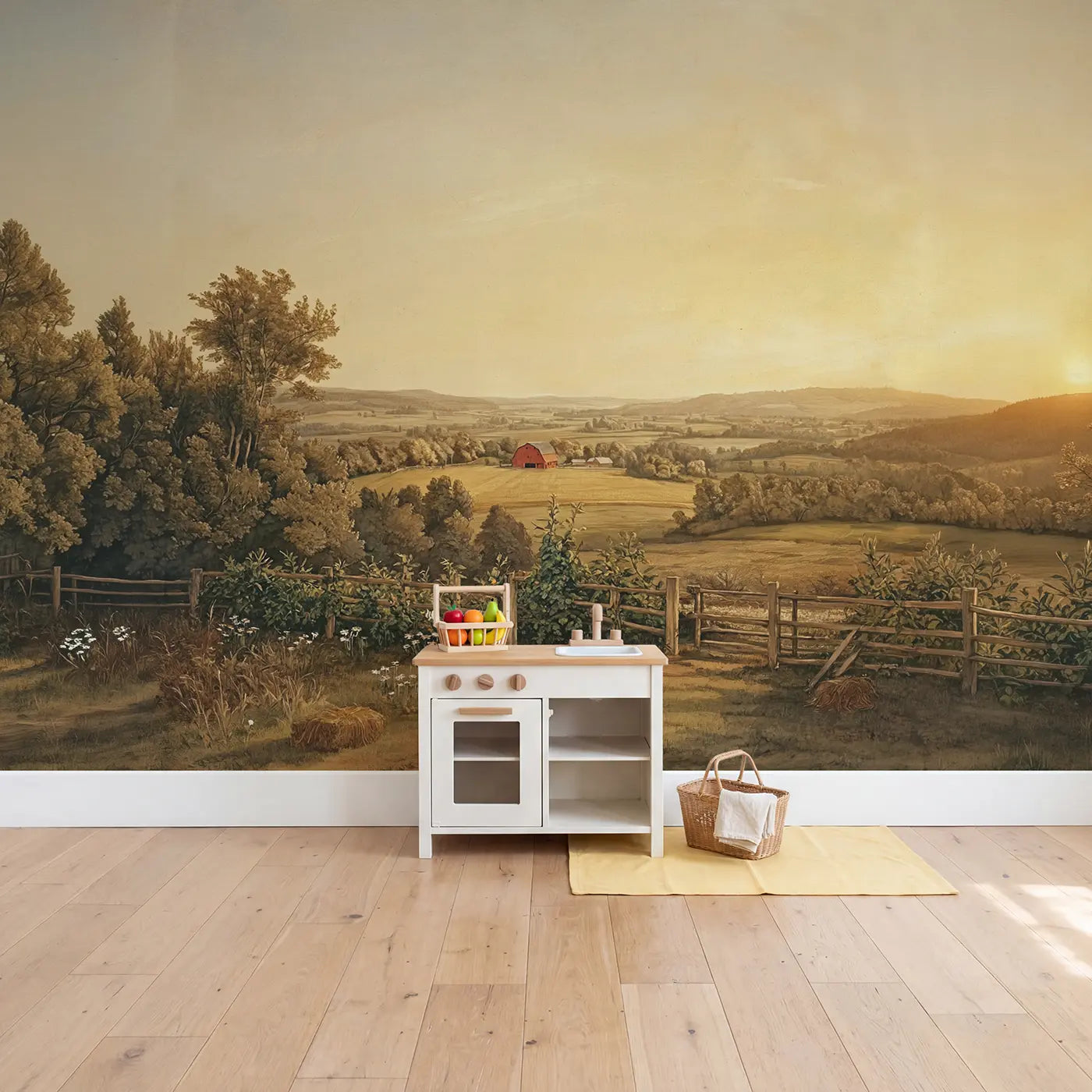 Red Barn Valley Surrounding Wallpaper Mural in playroom setting by Whimsy Tots