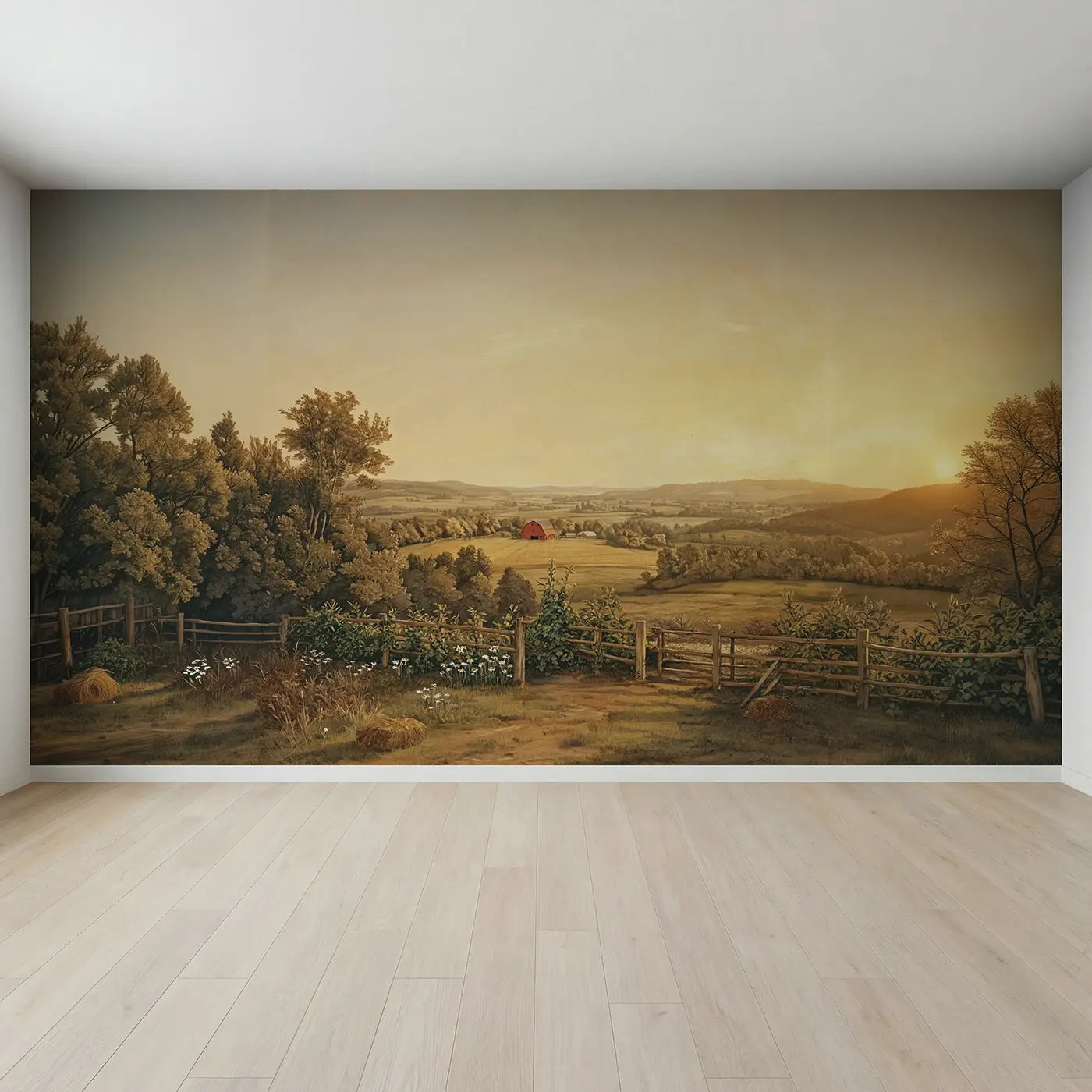 Full view of Red Barn Valley Surrounding Wallpaper Mural by Whimsy Tots