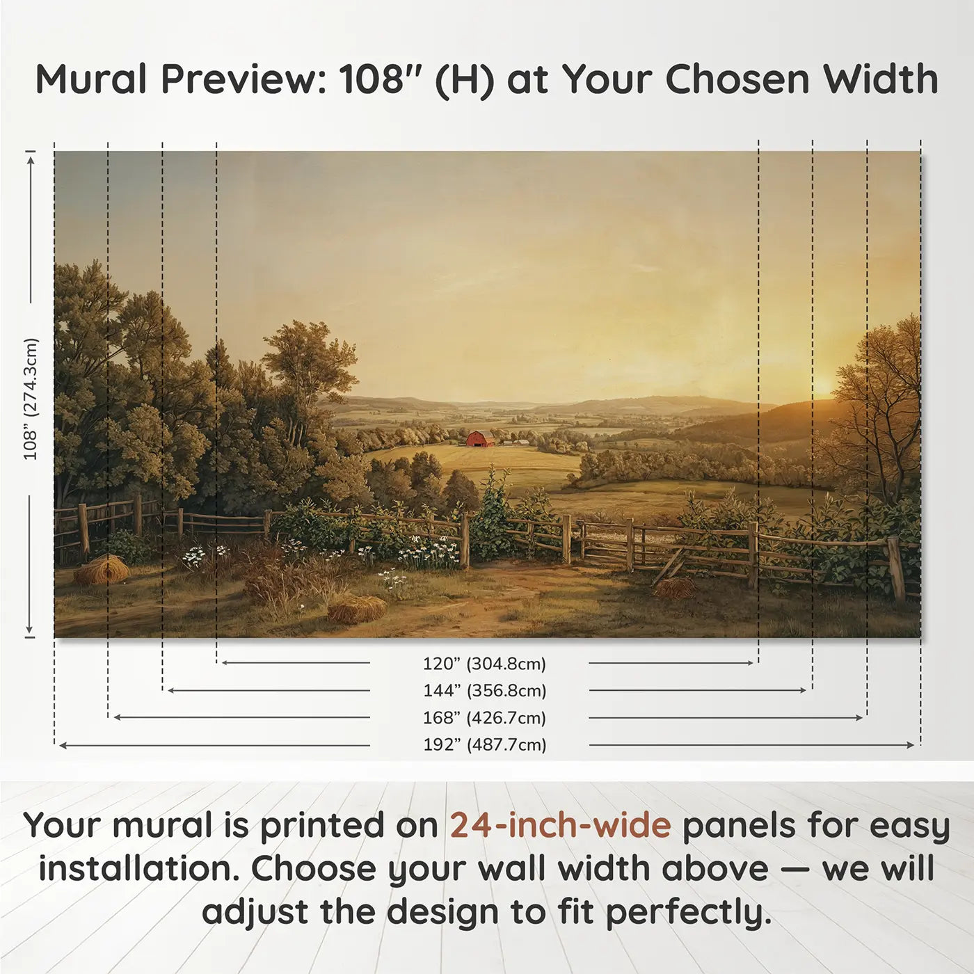 Panel layout and dimensions for Red Barn Valley Surrounding Wallpaper Mural by Whimsy Tots