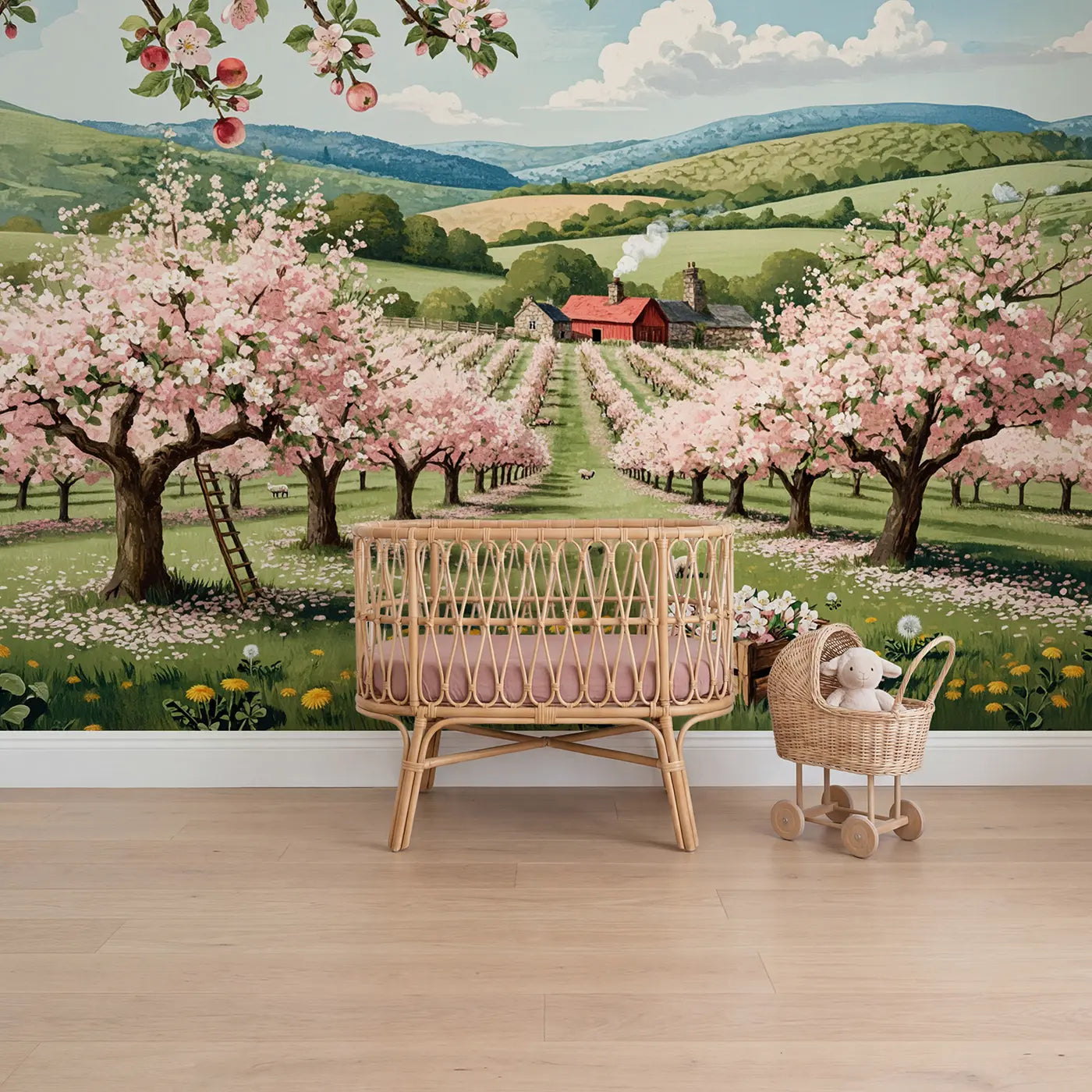 Block Print spring orchard blossom farm wallpaper mural for girls room by Whimsy Tots