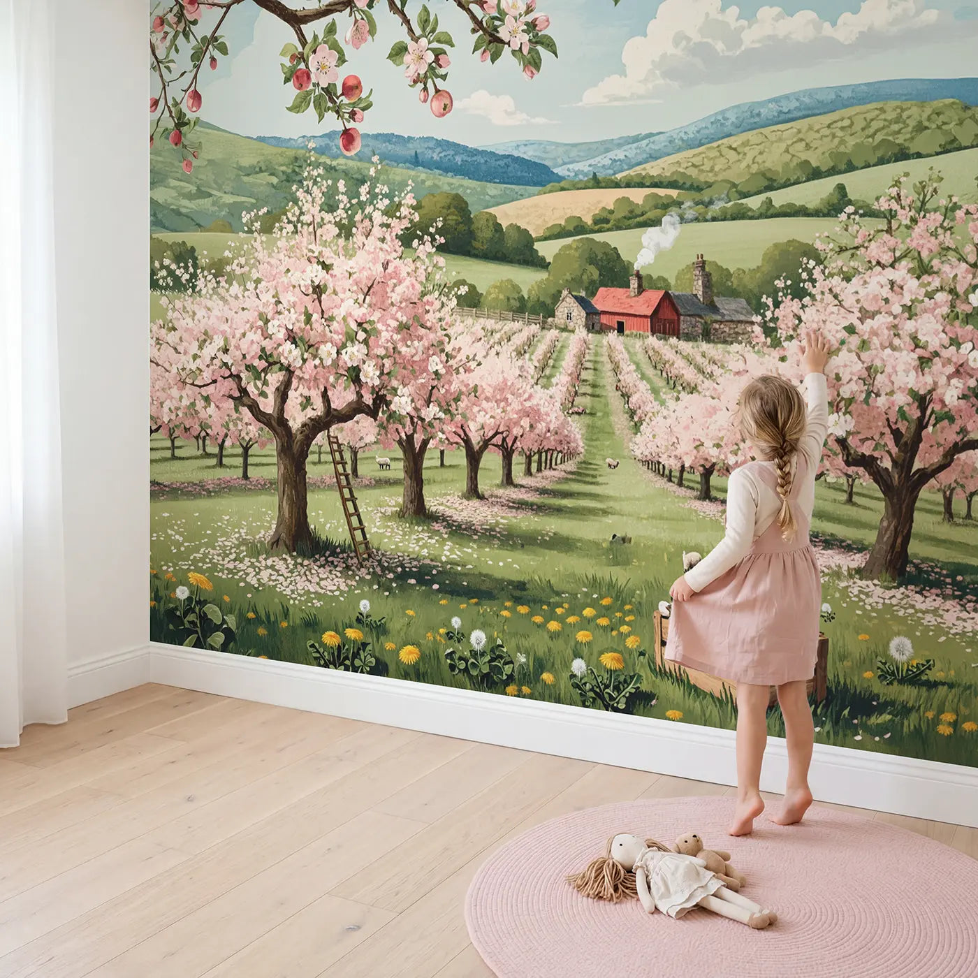 Child in nursery with Spring Orchard Blossom Farm Wallpaper Mural by Whimsy Tots