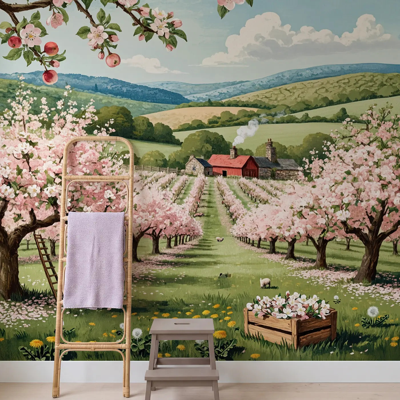 Spring Orchard Blossom Farm Wallpaper Mural in playroom setting by Whimsy Tots