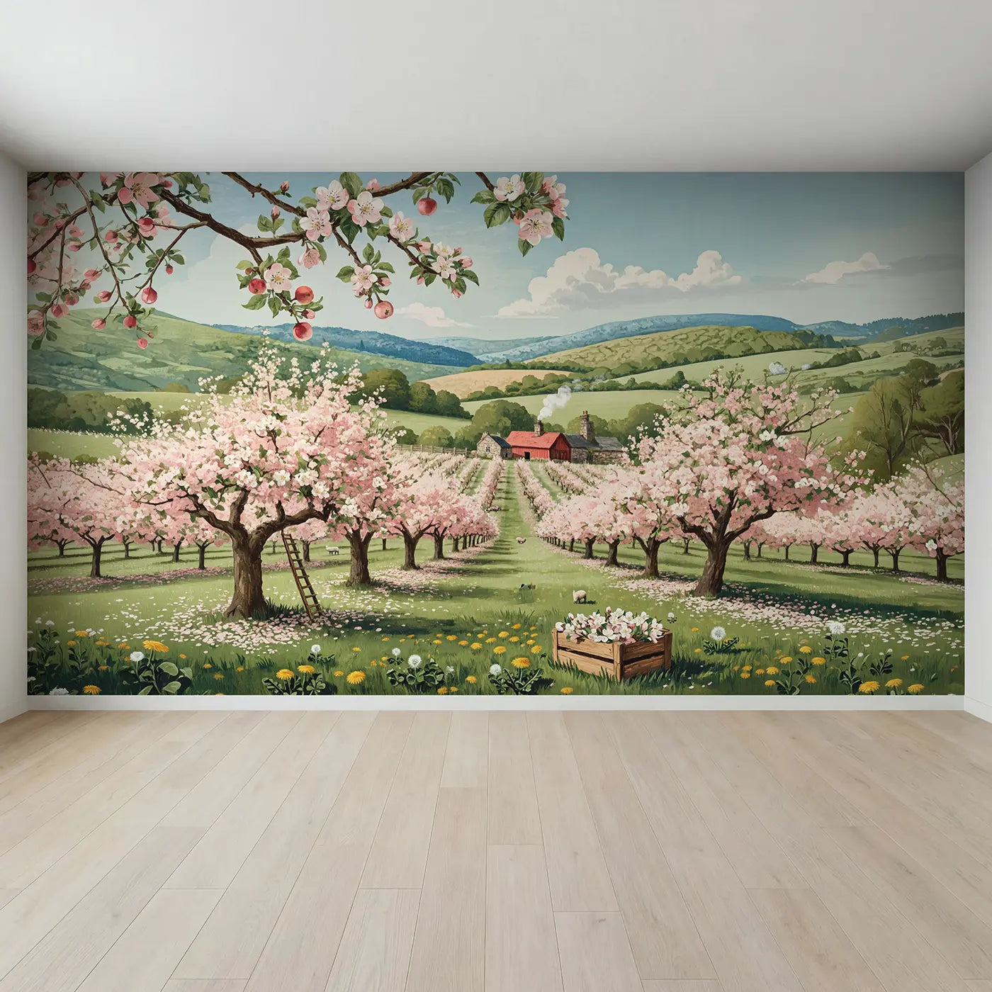 Full view of Spring Orchard Blossom Farm Wallpaper Mural by Whimsy Tots