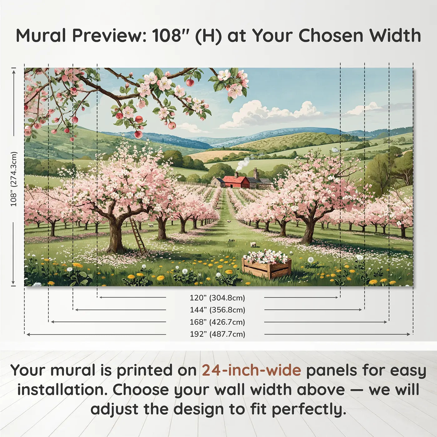 Panel layout and dimensions for Spring Orchard Blossom Farm Wallpaper Mural by Whimsy Tots