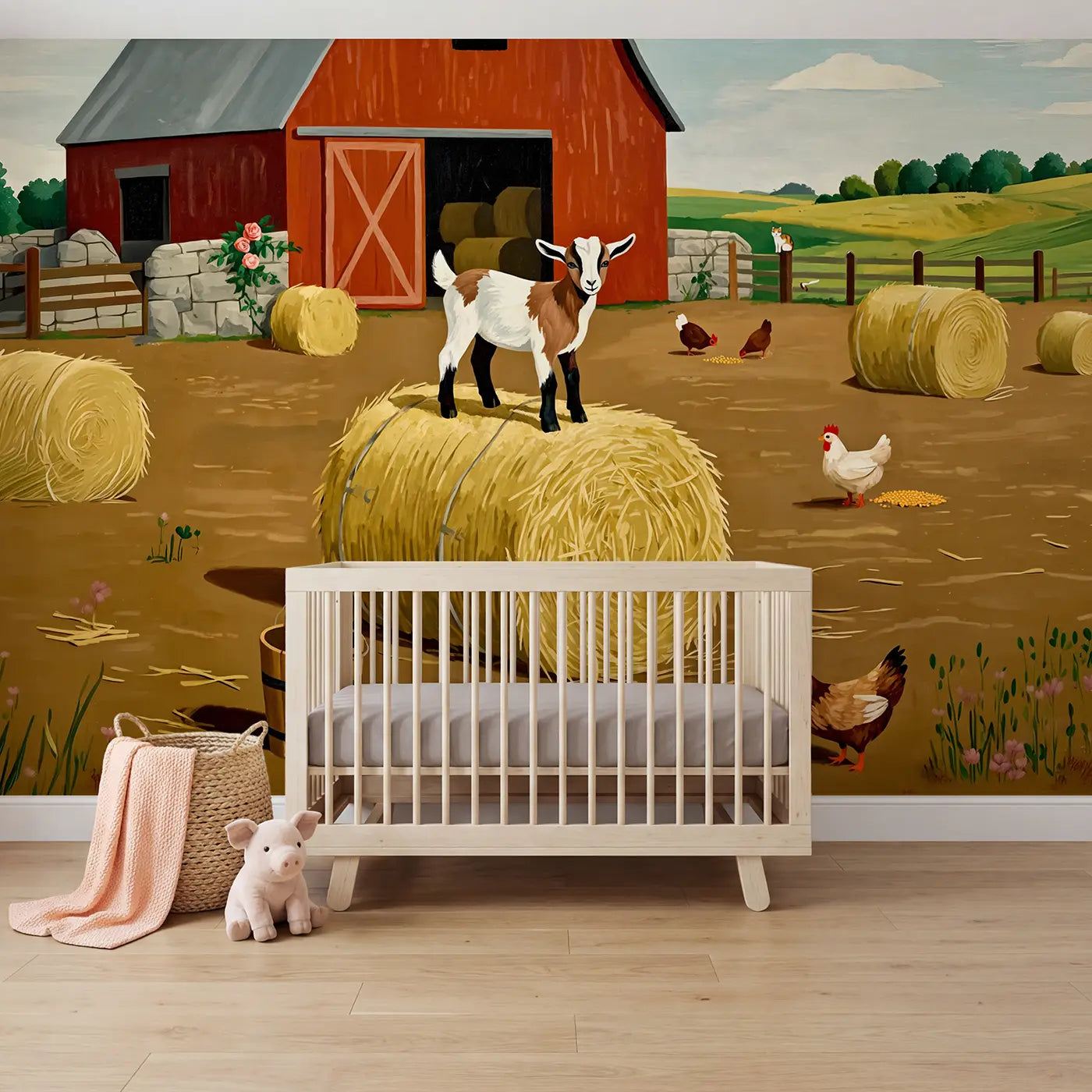 Modern illustration goat kid barnyard wallpaper mural for nursery by Whimsy Tots