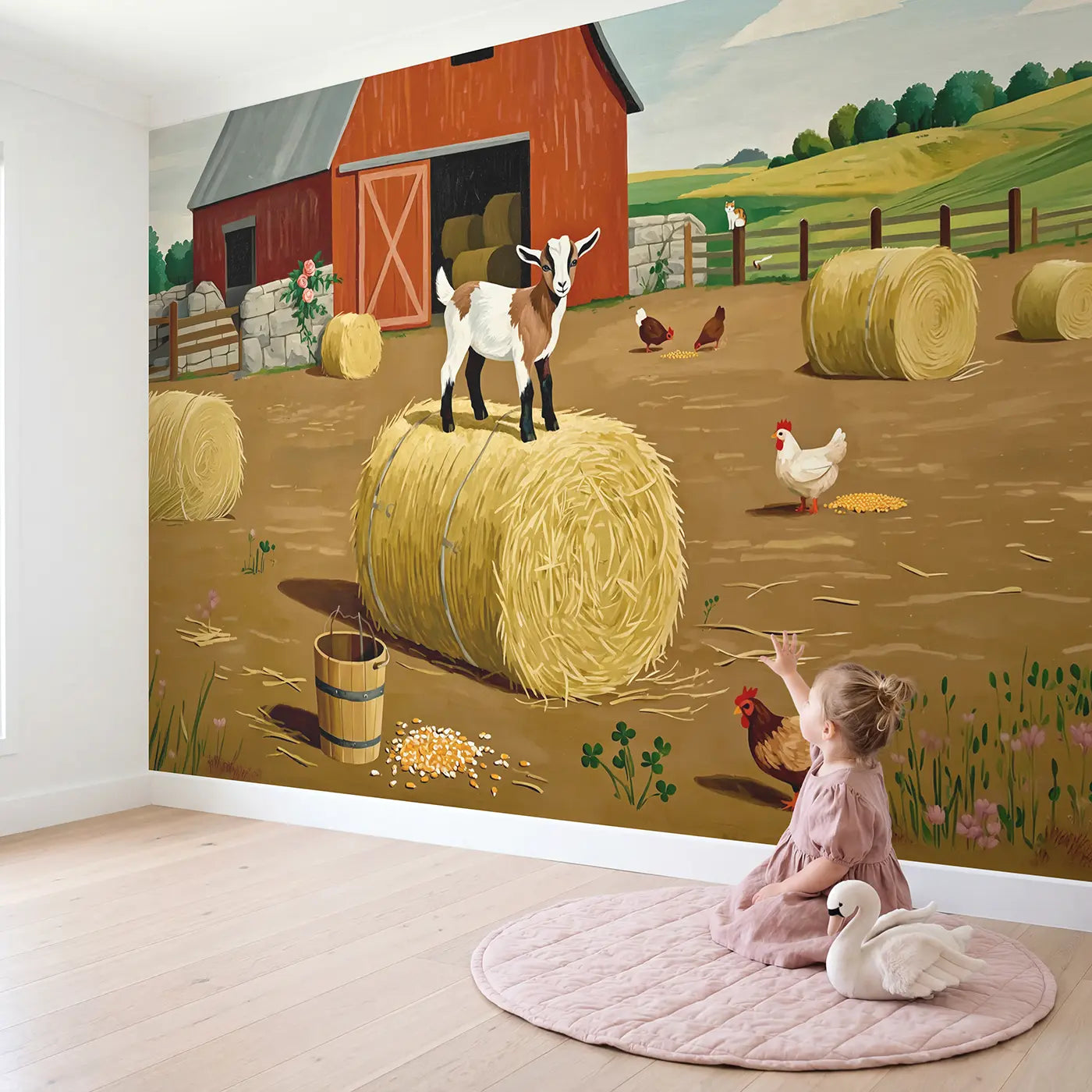 Child in nursery with Playful Goat Kid Barnyard Wallpaper Mural by Whimsy Tots