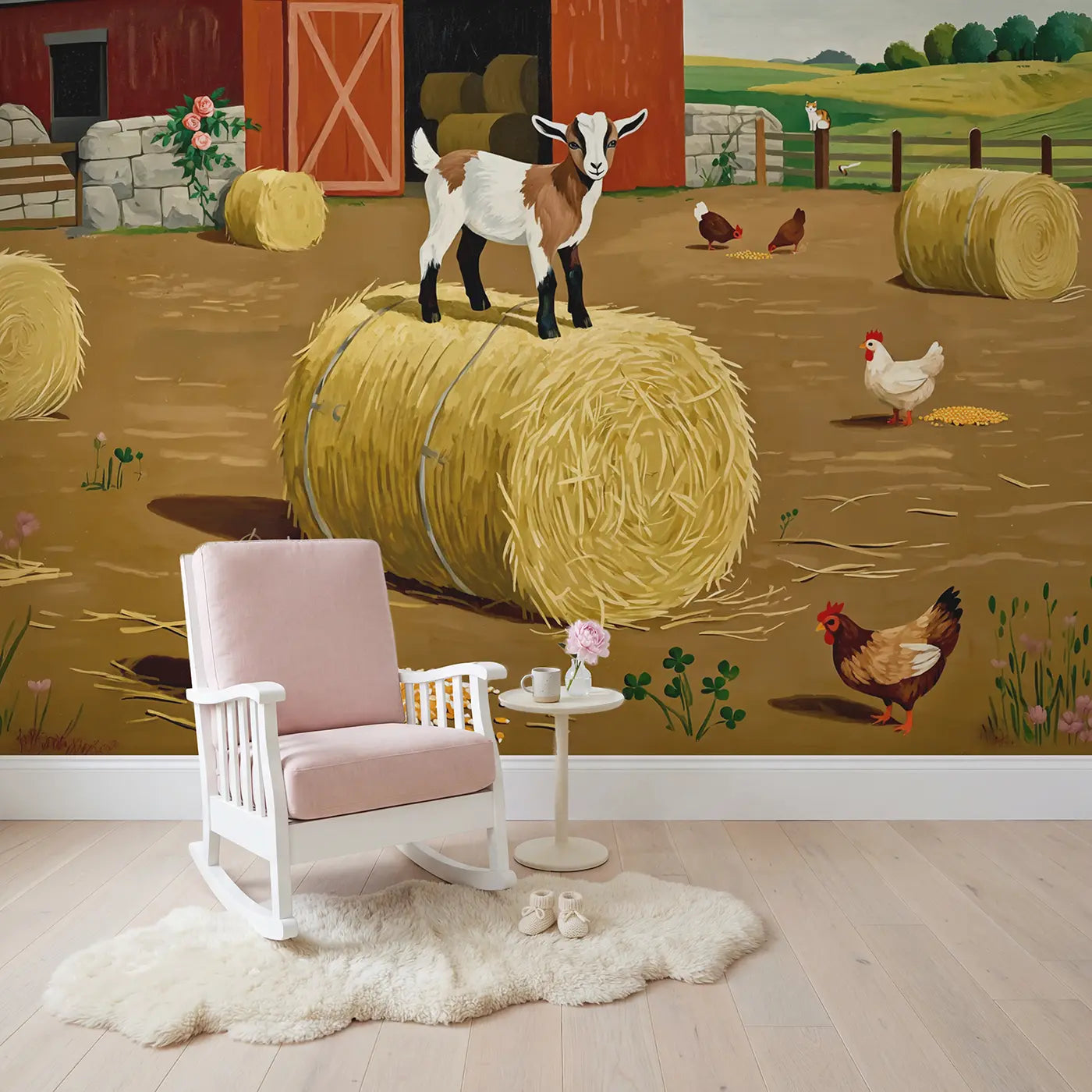 Playful Goat Kid Barnyard Wallpaper Mural in playroom setting by Whimsy Tots