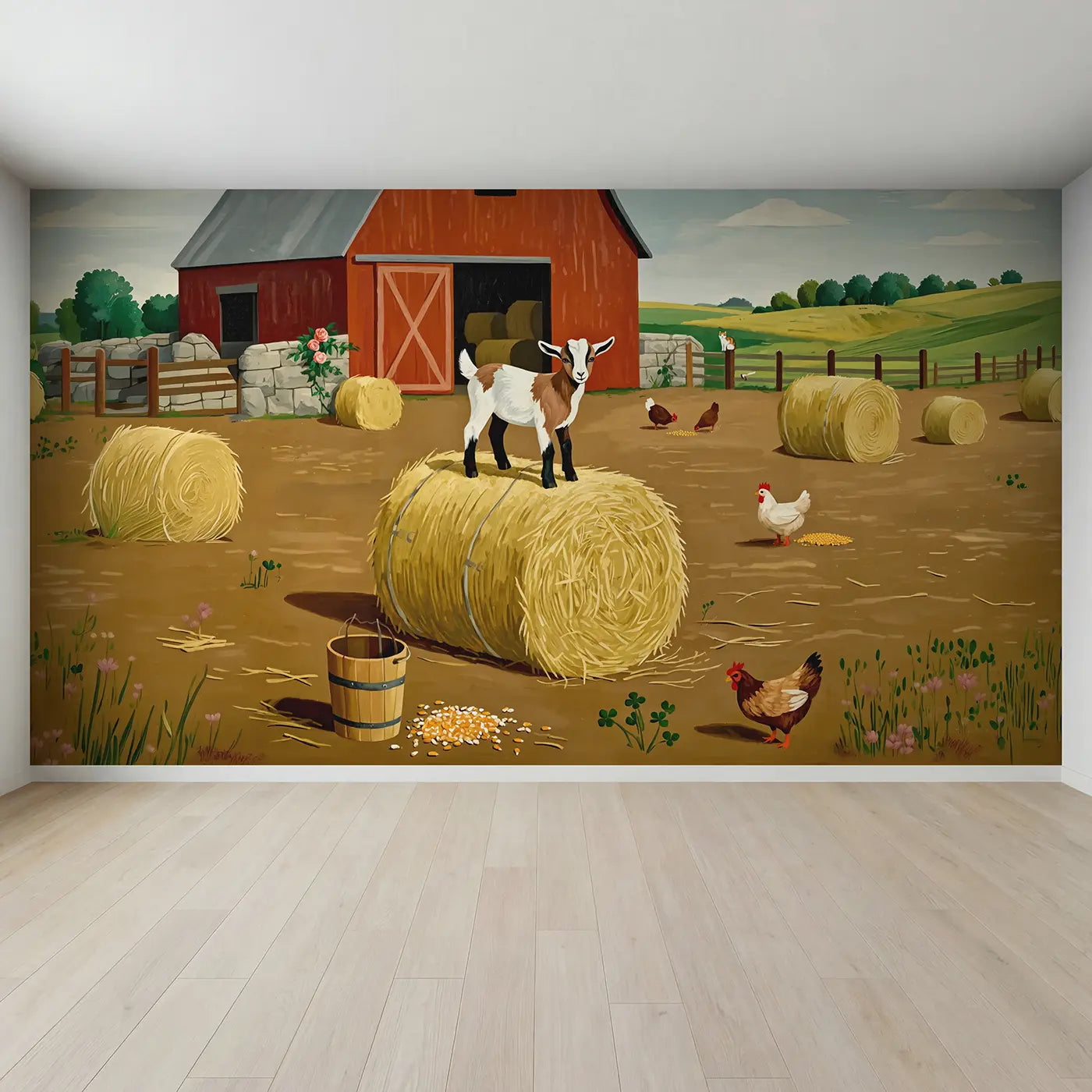 Full view of Playful Goat Kid Barnyard Wallpaper Mural by Whimsy Tots