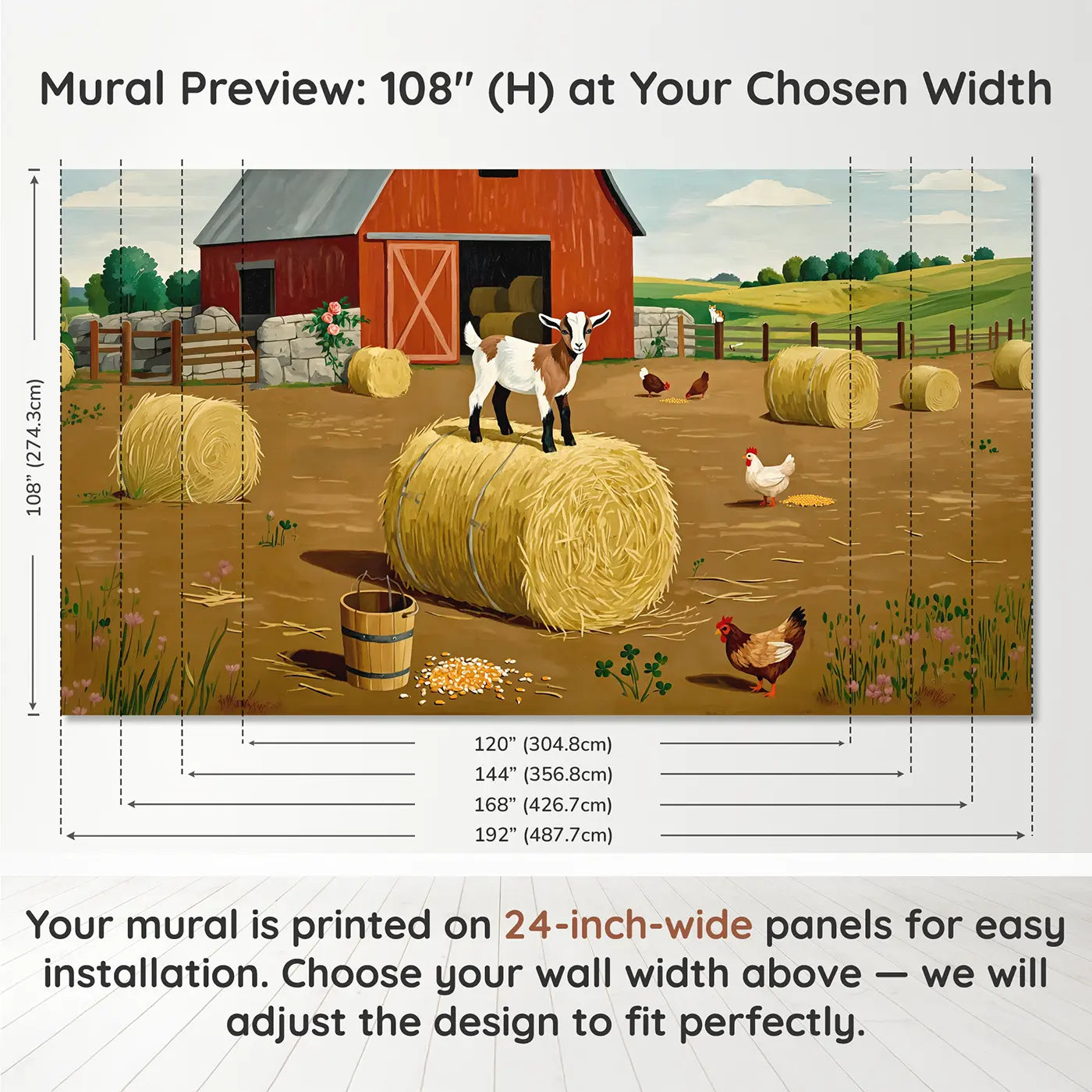 Panel layout and dimensions for Playful Goat Kid Barnyard Wallpaper Mural by Whimsy Tots