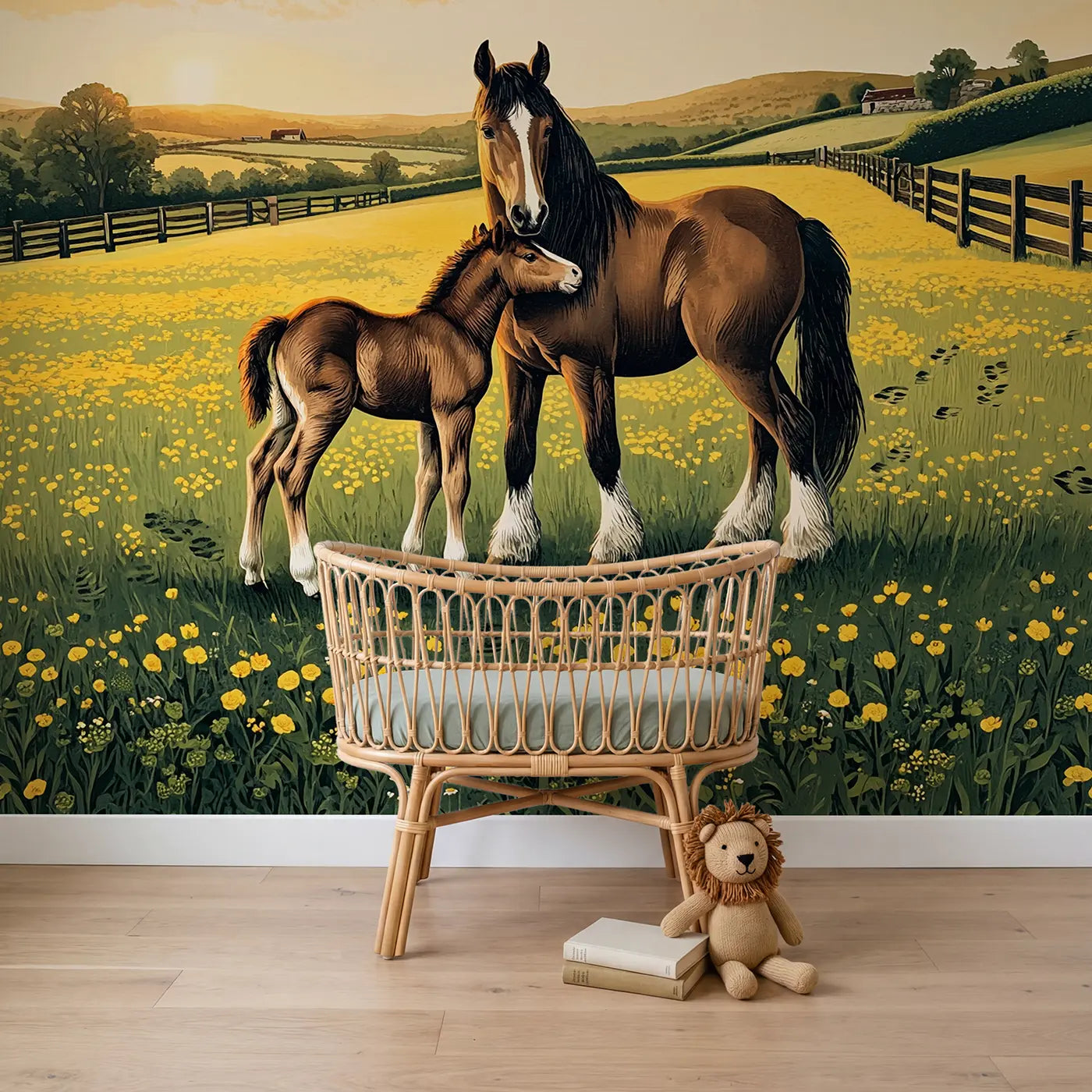 block print horse foal buttercup field countryside wallpaper mural for boys room by Whimsy Tots