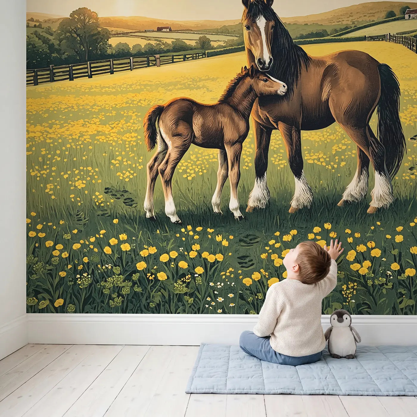 Child in nursery with Horse and Foal Buttercup Field Wallpaper Mural by Whimsy Tots
