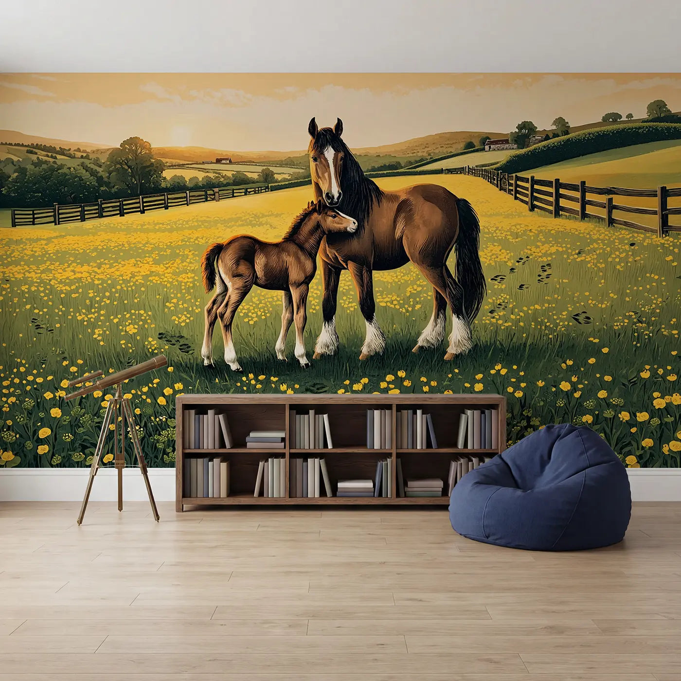 Horse and Foal Buttercup Field Wallpaper Mural in playroom setting by Whimsy Tots