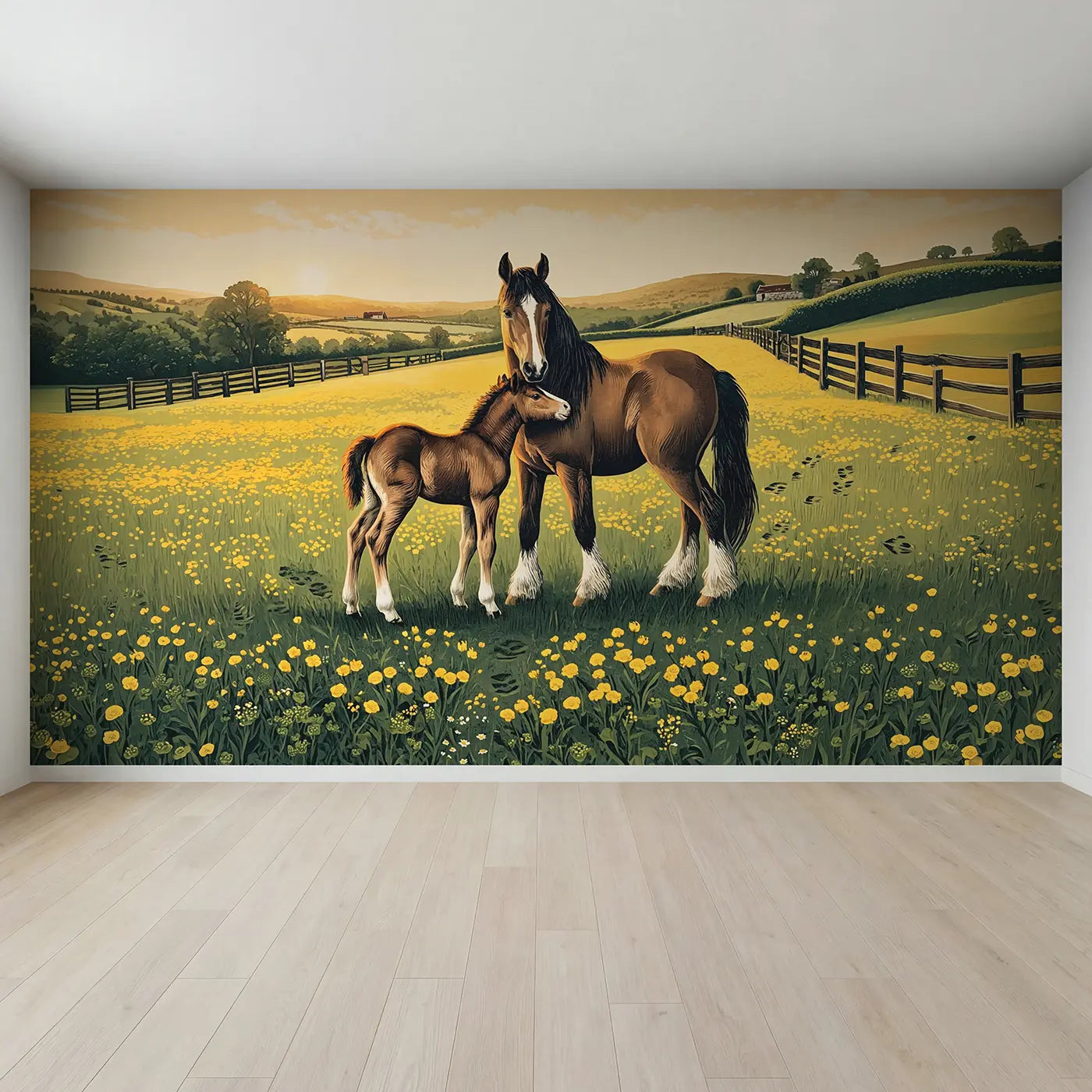Full view of Horse and Foal Buttercup Field Wallpaper Mural by Whimsy Tots