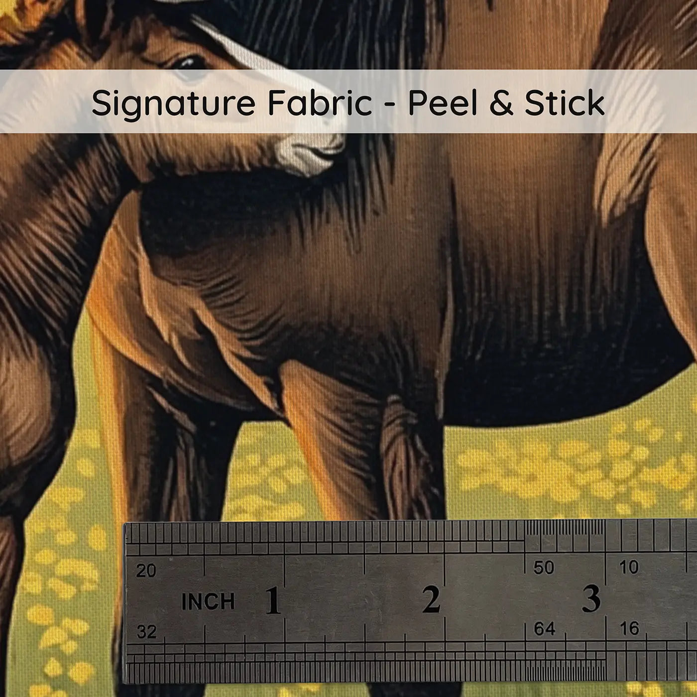 Fabric texture close-up of Horse and Foal Buttercup Field Wallpaper Mural by Whimsy Tots