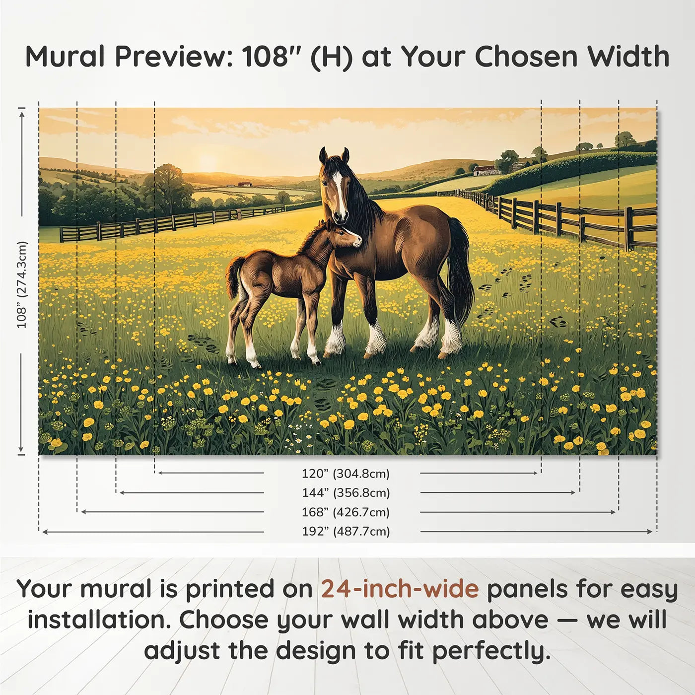 Panel layout and dimensions for Horse and Foal Buttercup Field Wallpaper Mural by Whimsy Tots