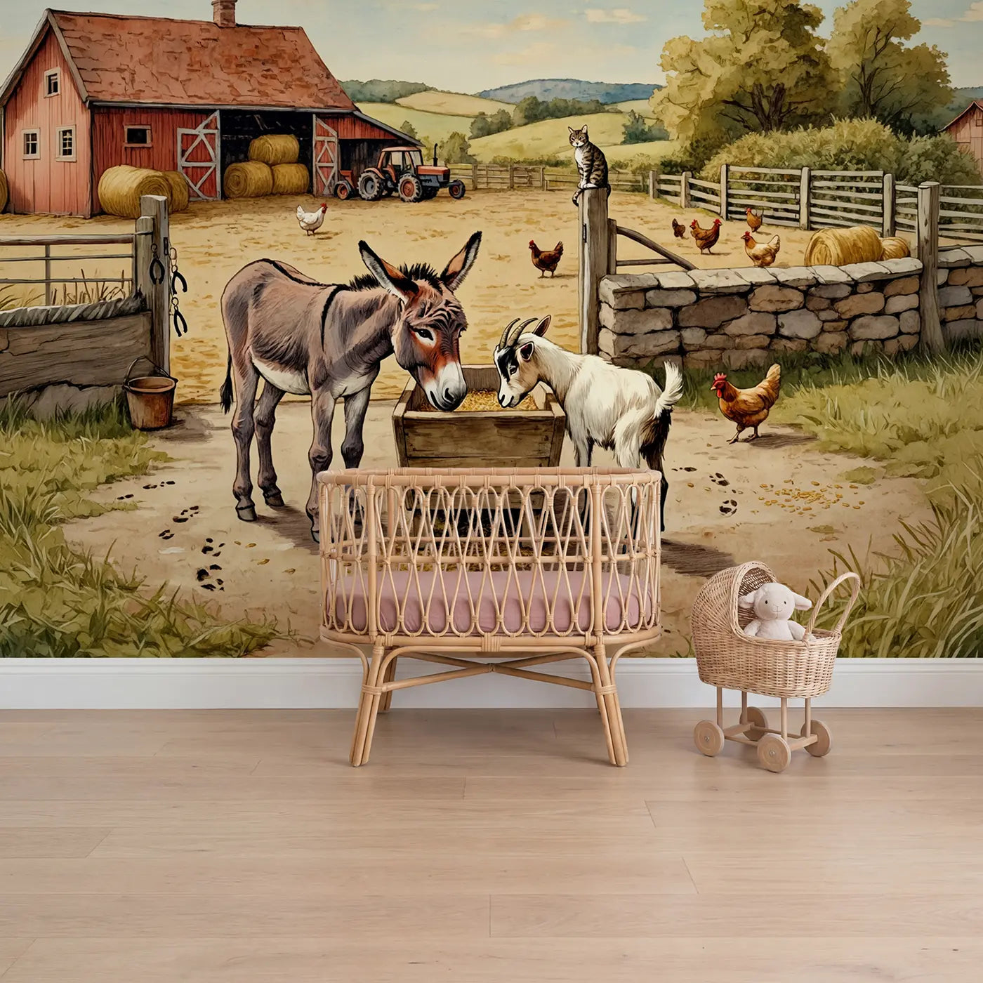 Storybook goat and barn wallpaper mural for girls room by Whimsy Tots