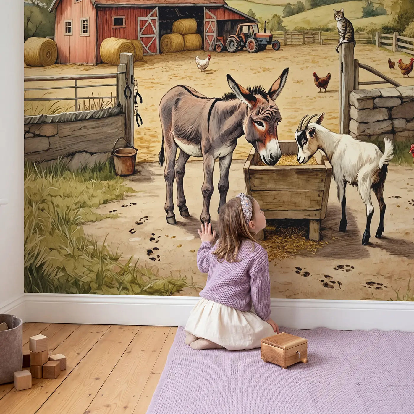 Child in nursery with Donkey and Goat Farmyard Lunch Wallpaper Mural by Whimsy Tots