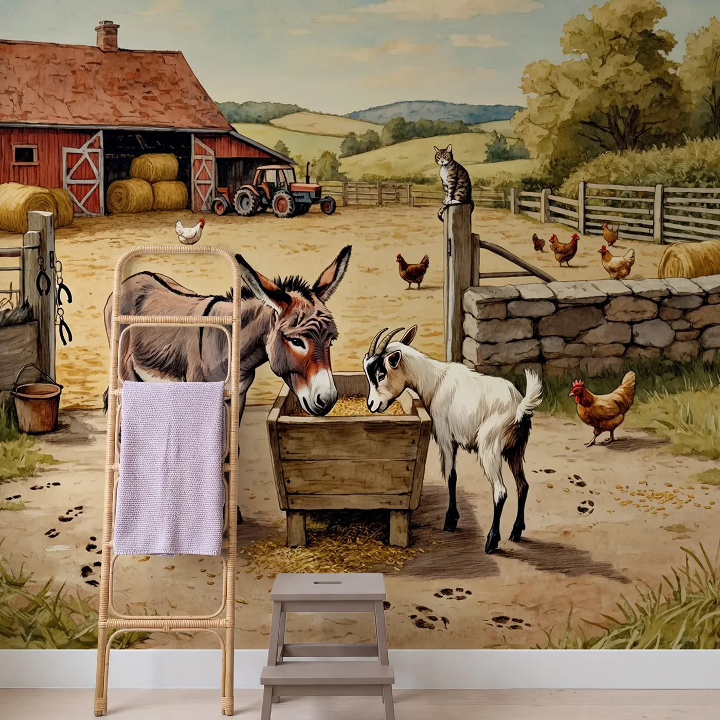 Donkey and Goat Farmyard Lunch Wallpaper Mural in playroom setting by Whimsy Tots