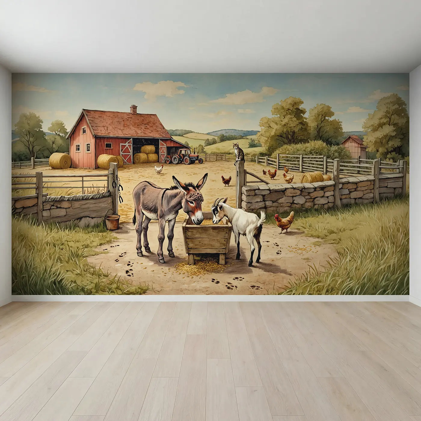 Full view of Donkey and Goat Farmyard Lunch Wallpaper Mural by Whimsy Tots
