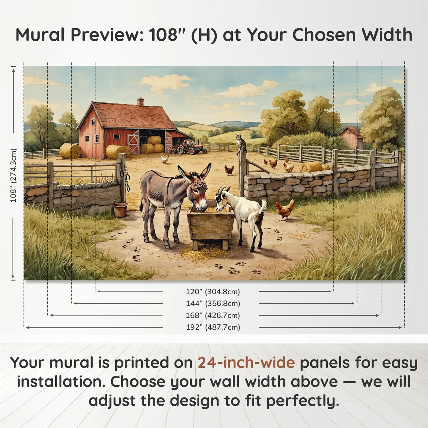 Panel layout and dimensions for Donkey and Goat Farmyard Lunch Wallpaper Mural by Whimsy Tots