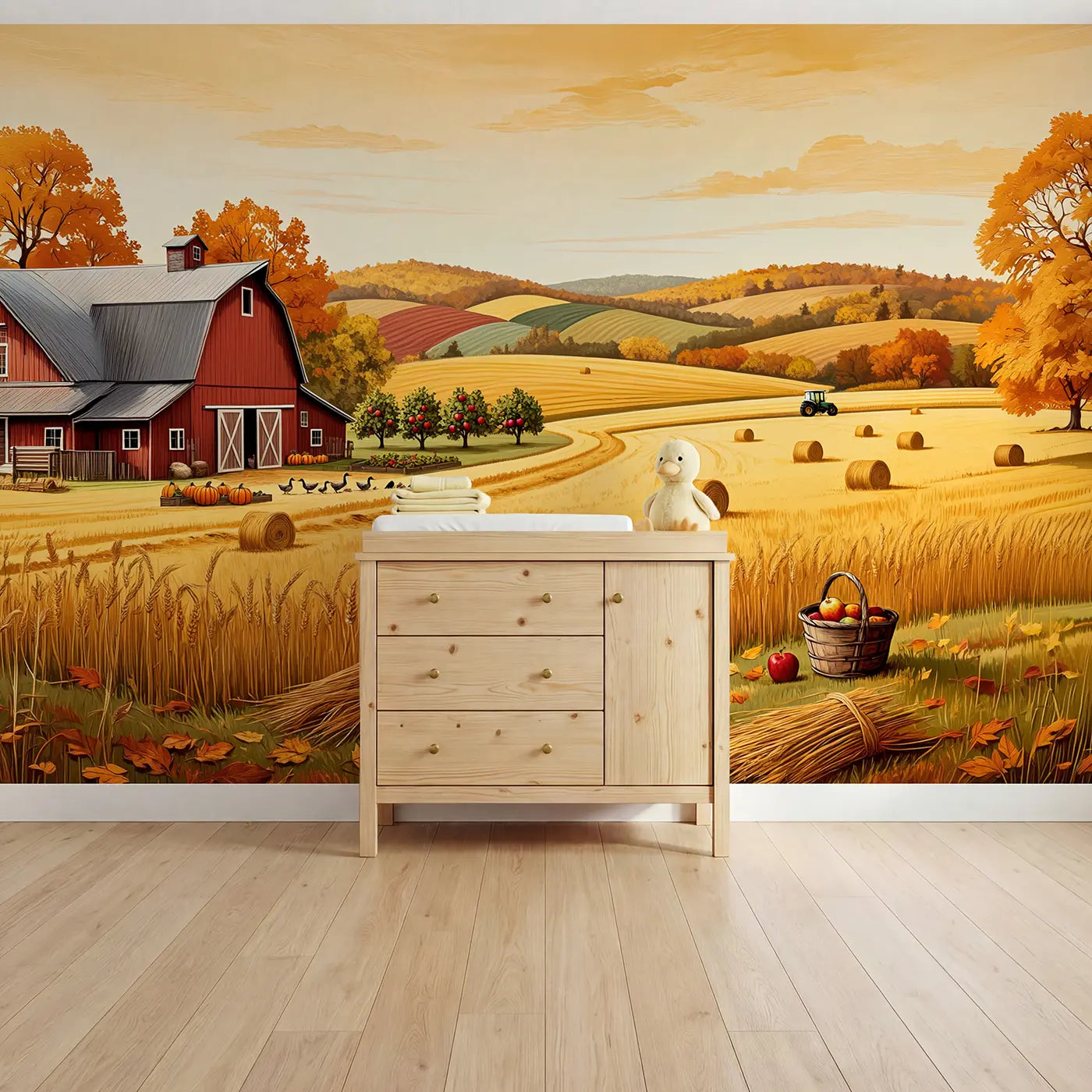 Block Print golden harvest farm wallpaper mural for nursery by Whimsy Tots