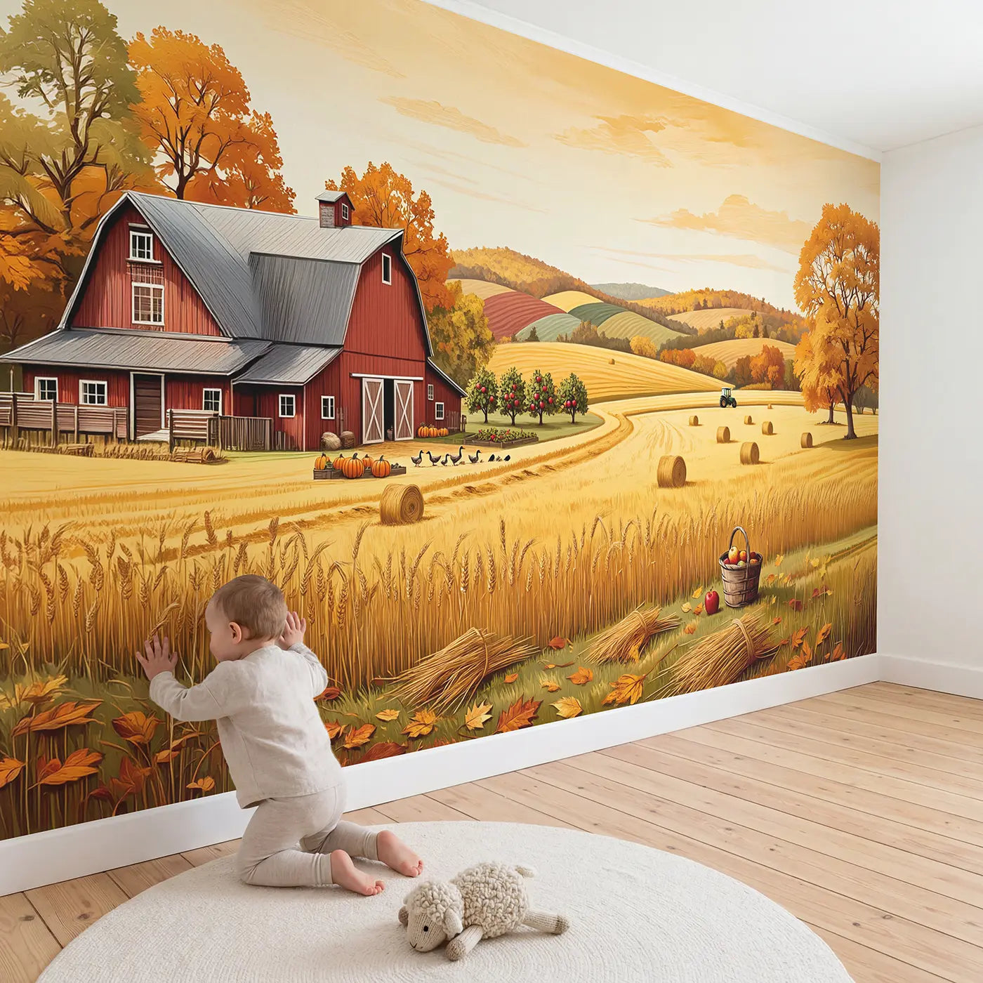 Child in nursery with Golden Harvest Farm Wallpaper Mural by Whimsy Tots