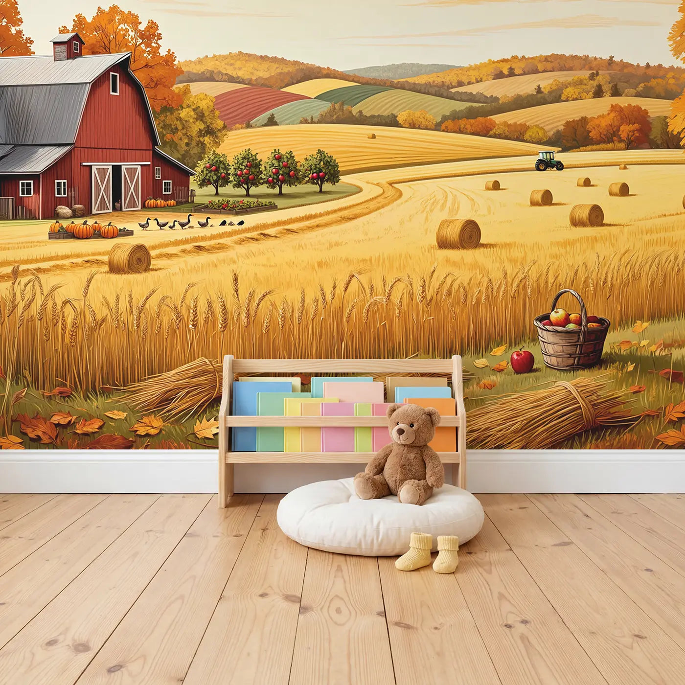 Golden Harvest Farm Wallpaper Mural in playroom setting by Whimsy Tots
