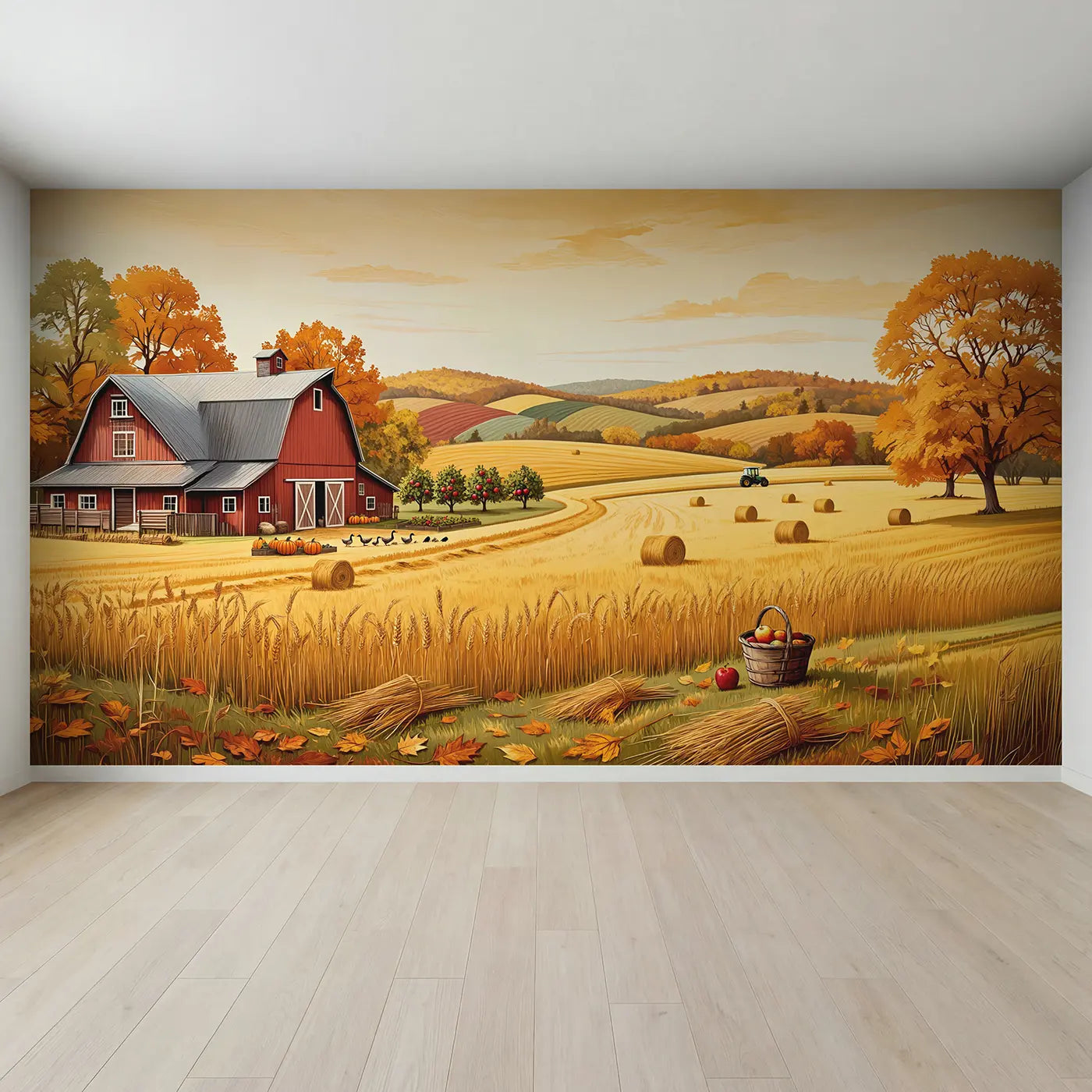 Full view of Golden Harvest Farm Wallpaper Mural by Whimsy Tots