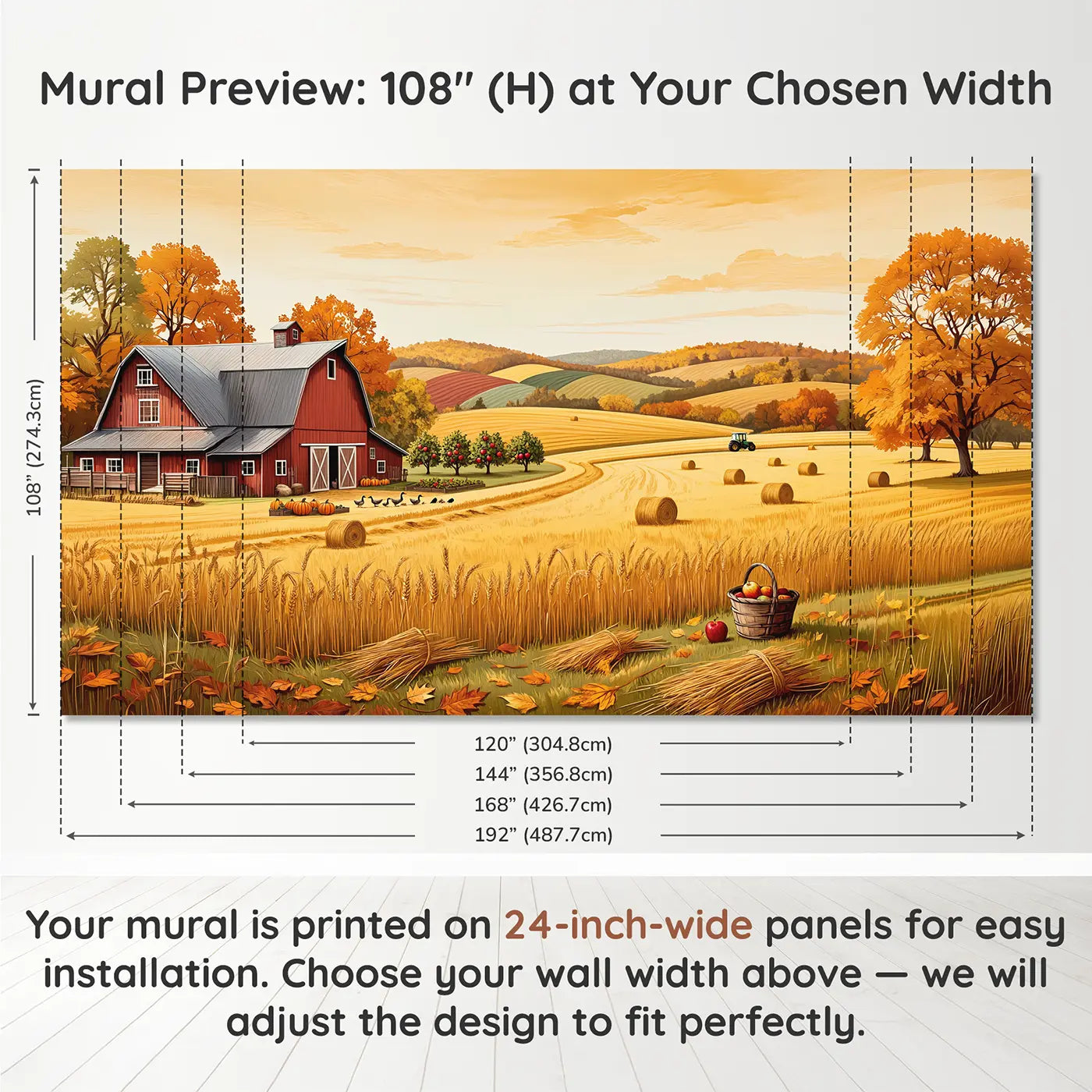 Panel layout and dimensions for Golden Harvest Farm Wallpaper Mural by Whimsy Tots