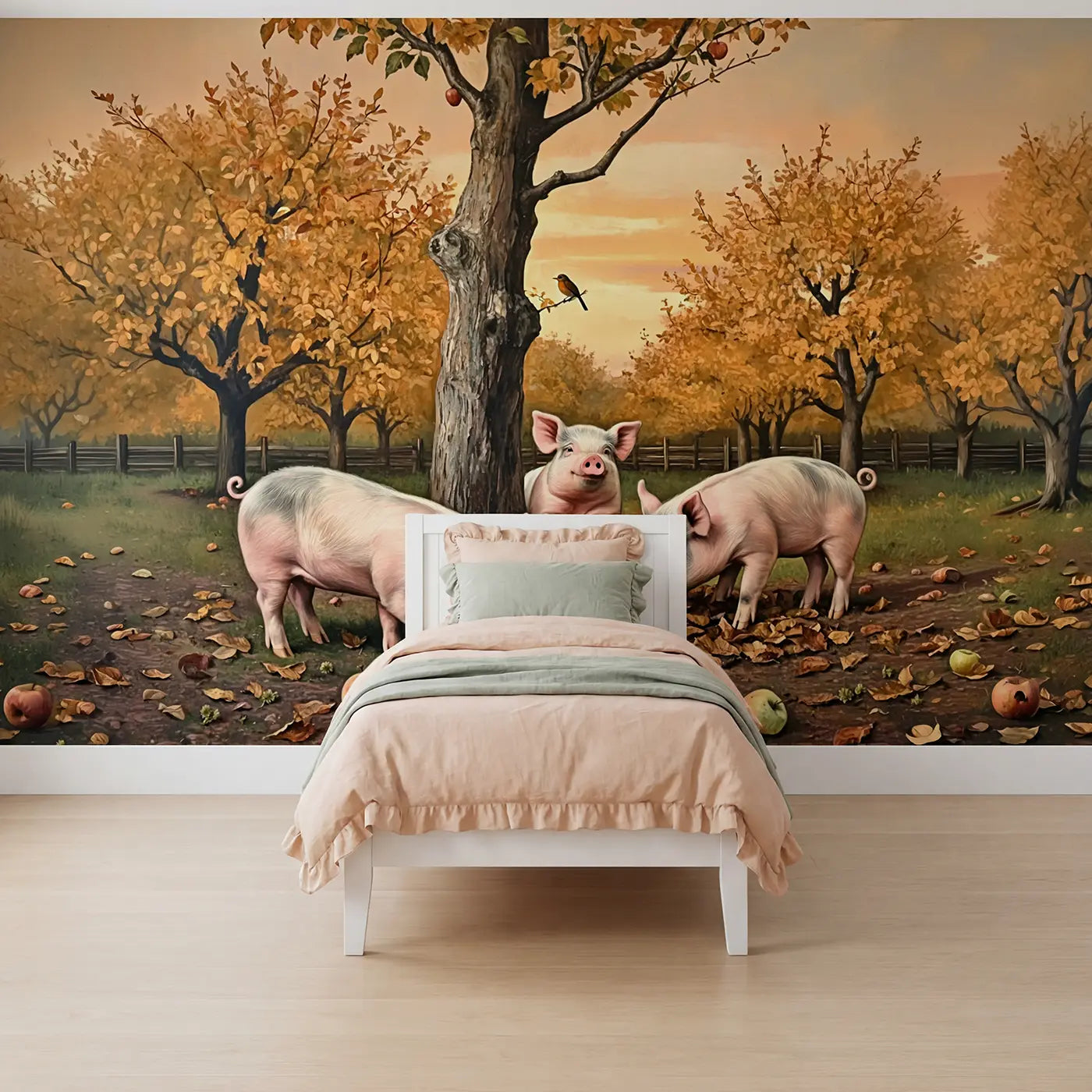 Soft pastel pig countryside wallpaper mural for kids room by Whimsy Tots