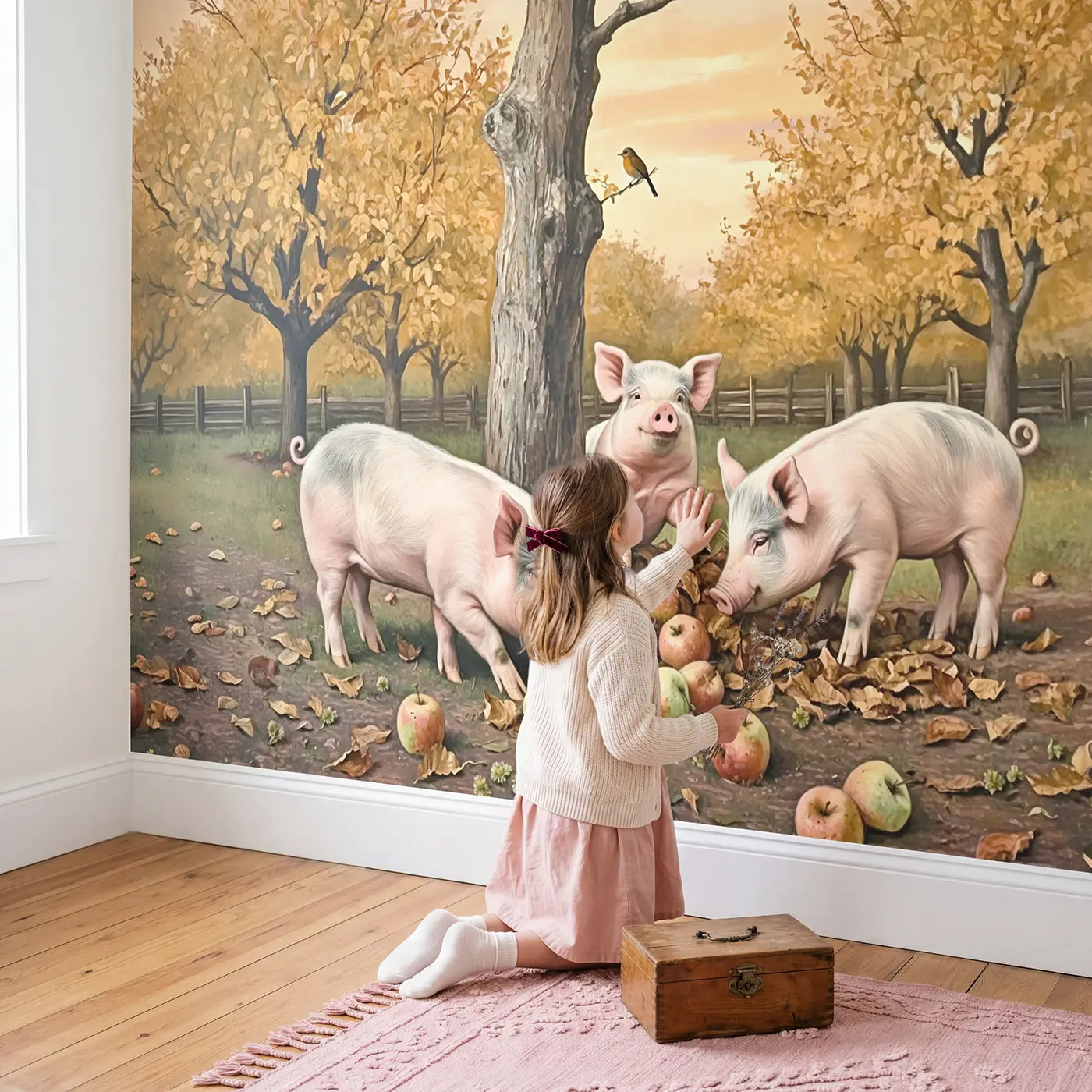 Child in nursery with Orchard Pig Family Foraging Wallpaper Mural by Whimsy Tots