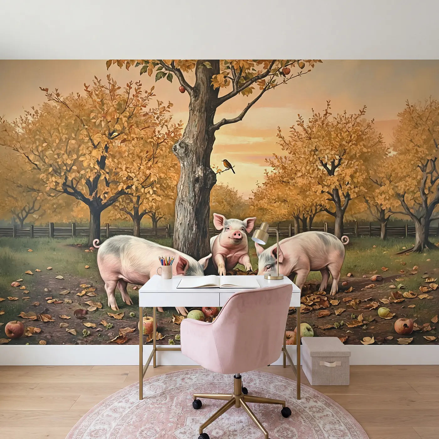 Orchard Pig Family Foraging Wallpaper Mural in playroom setting by Whimsy Tots