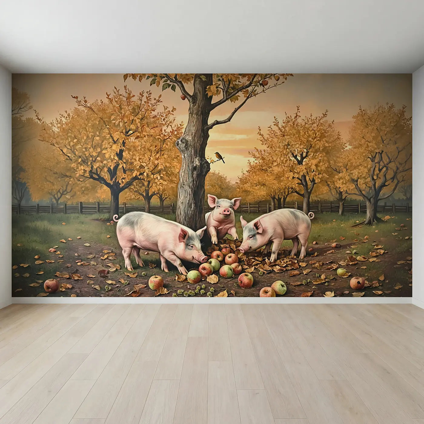 Full view of Orchard Pig Family Foraging Wallpaper Mural by Whimsy Tots