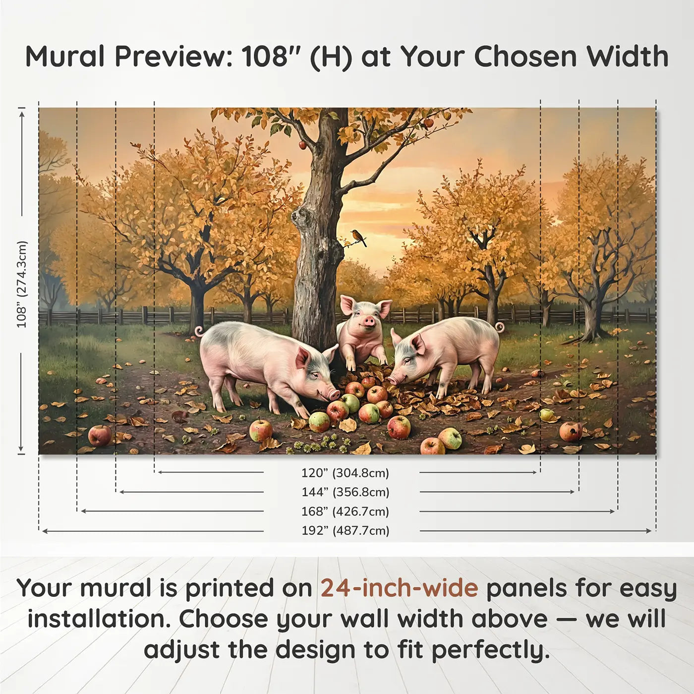 Panel layout and dimensions for Orchard Pig Family Foraging Wallpaper Mural by Whimsy Tots