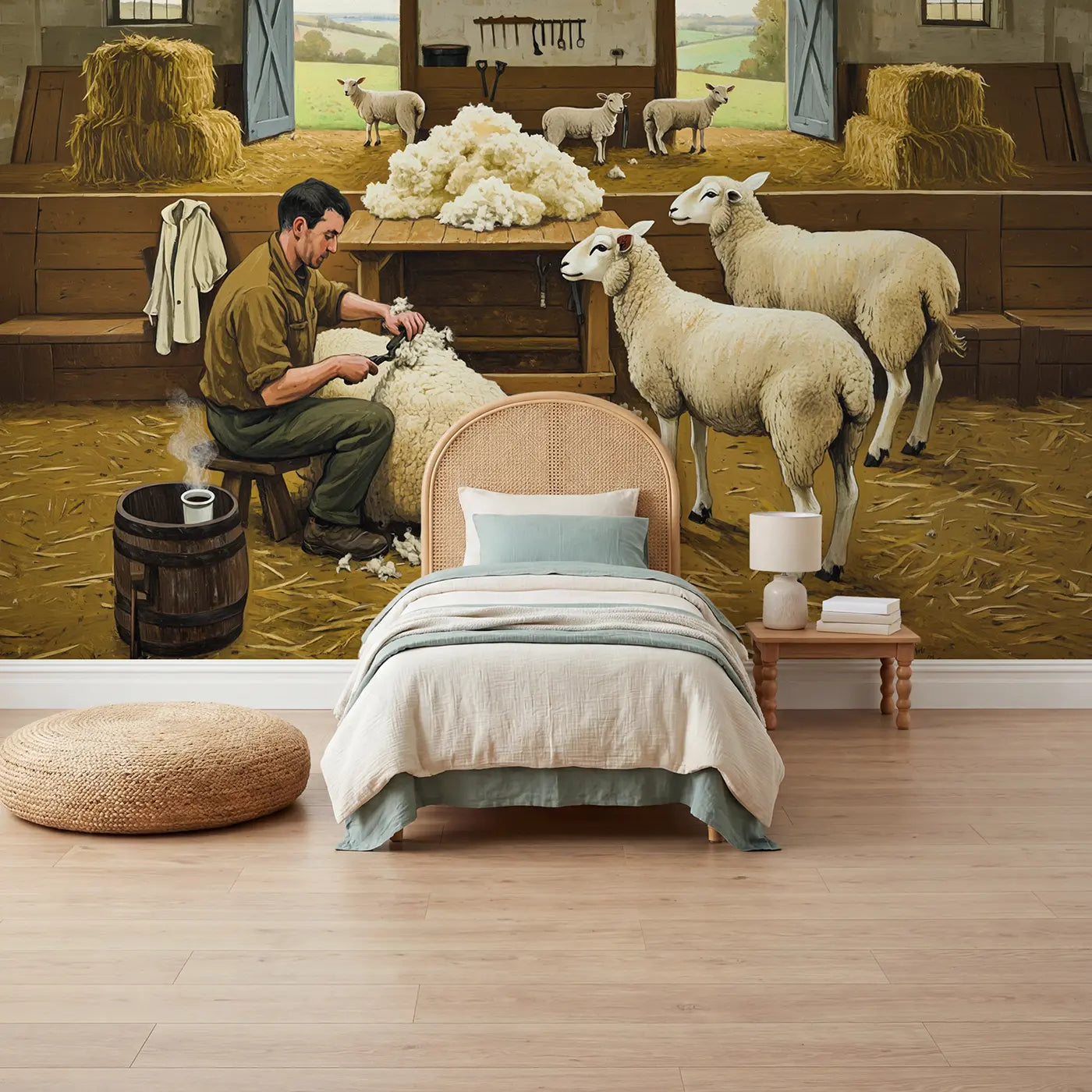 Painted landscape spring sheep shearing barn wallpaper mural for kids room by Whimsy Tots