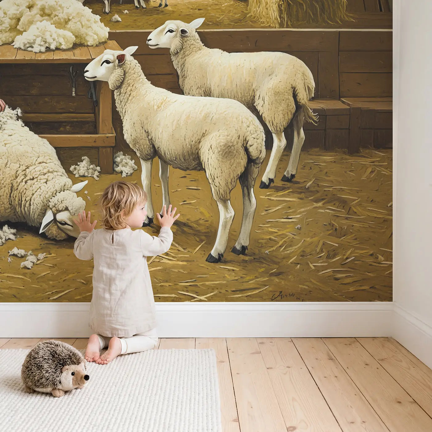 Child in nursery with Spring Sheep Shearing Barn Wallpaper Mural by Whimsy Tots