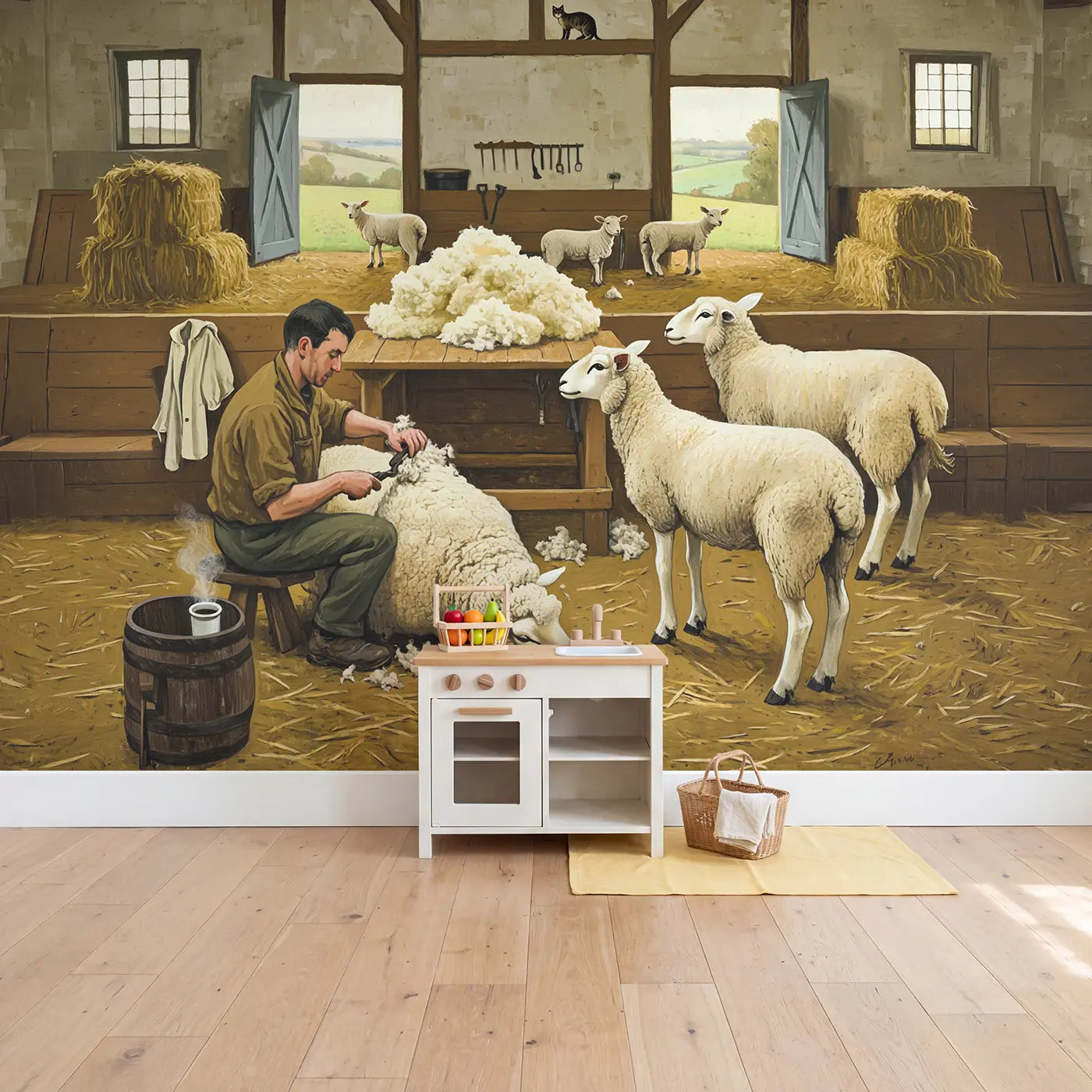 Spring Sheep Shearing Barn Wallpaper Mural in playroom setting by Whimsy Tots