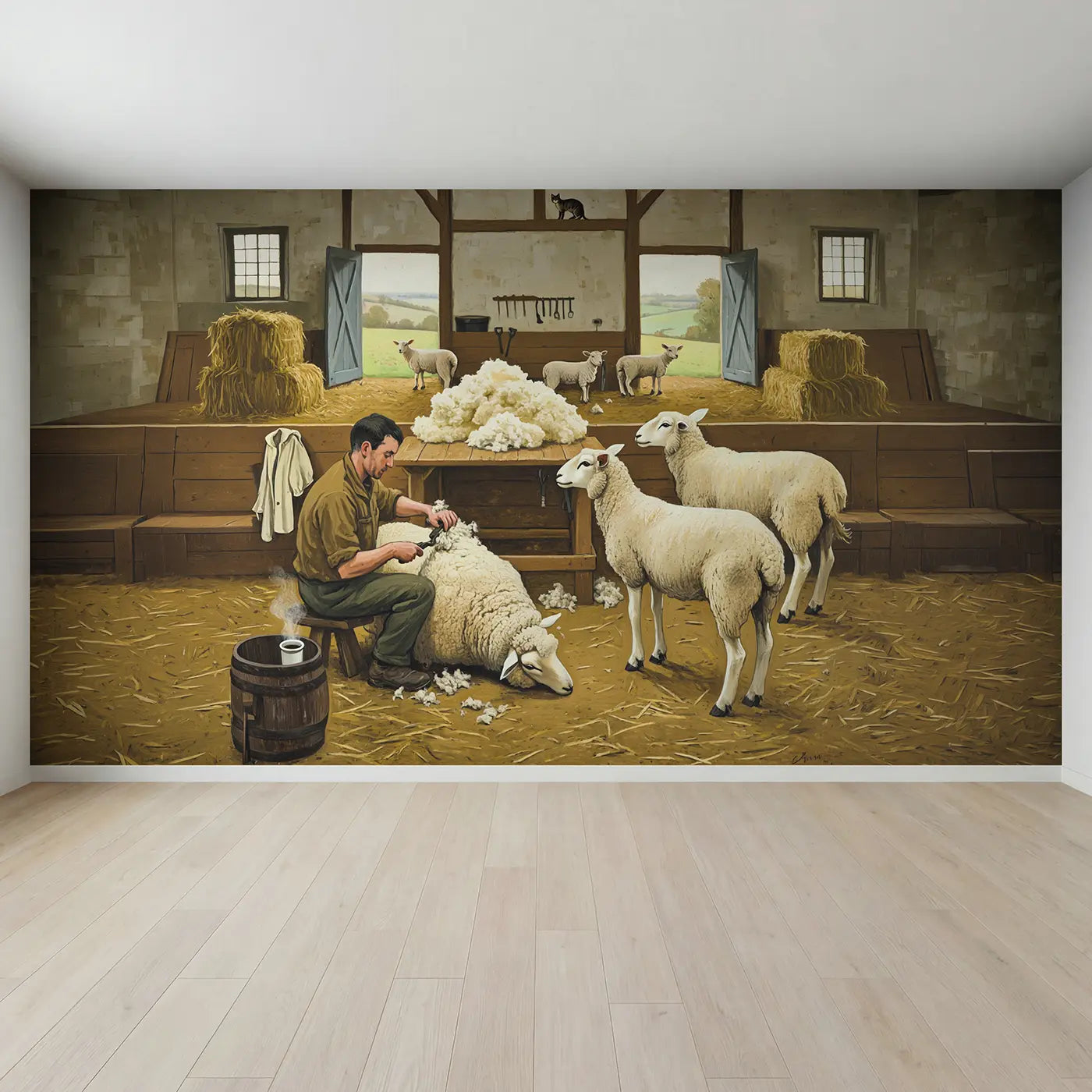 Full view of Spring Sheep Shearing Barn Wallpaper Mural by Whimsy Tots