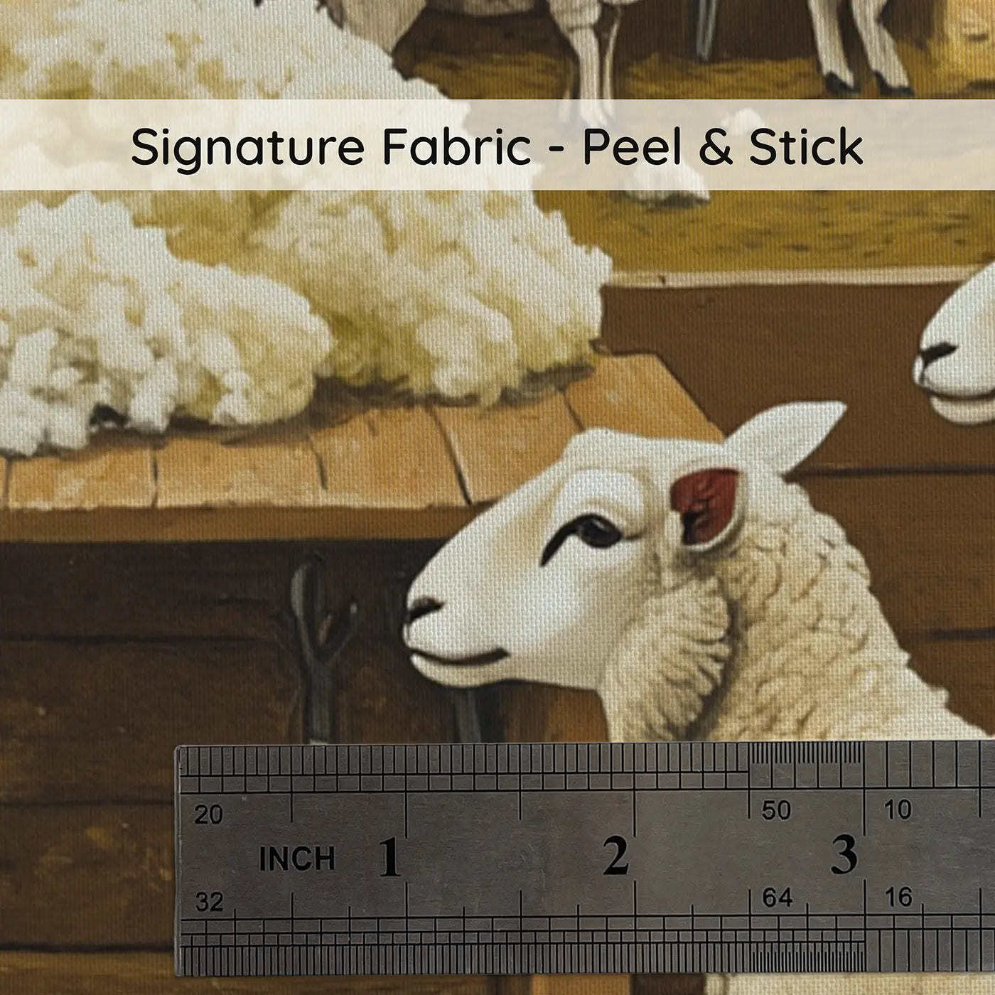 Fabric texture close-up of Spring Sheep Shearing Barn Wallpaper Mural by Whimsy Tots