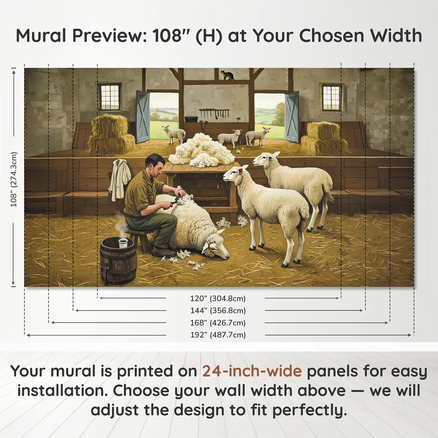 Panel layout and dimensions for Spring Sheep Shearing Barn Wallpaper Mural by Whimsy Tots