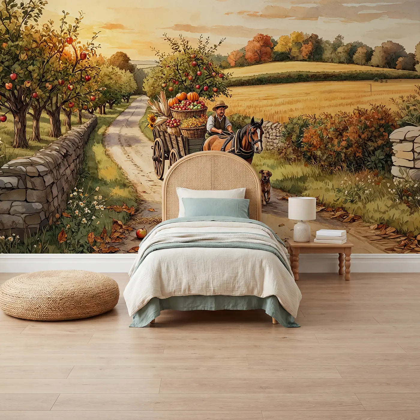 Storybook horse and barn wallpaper mural for kids room by Whimsy Tots