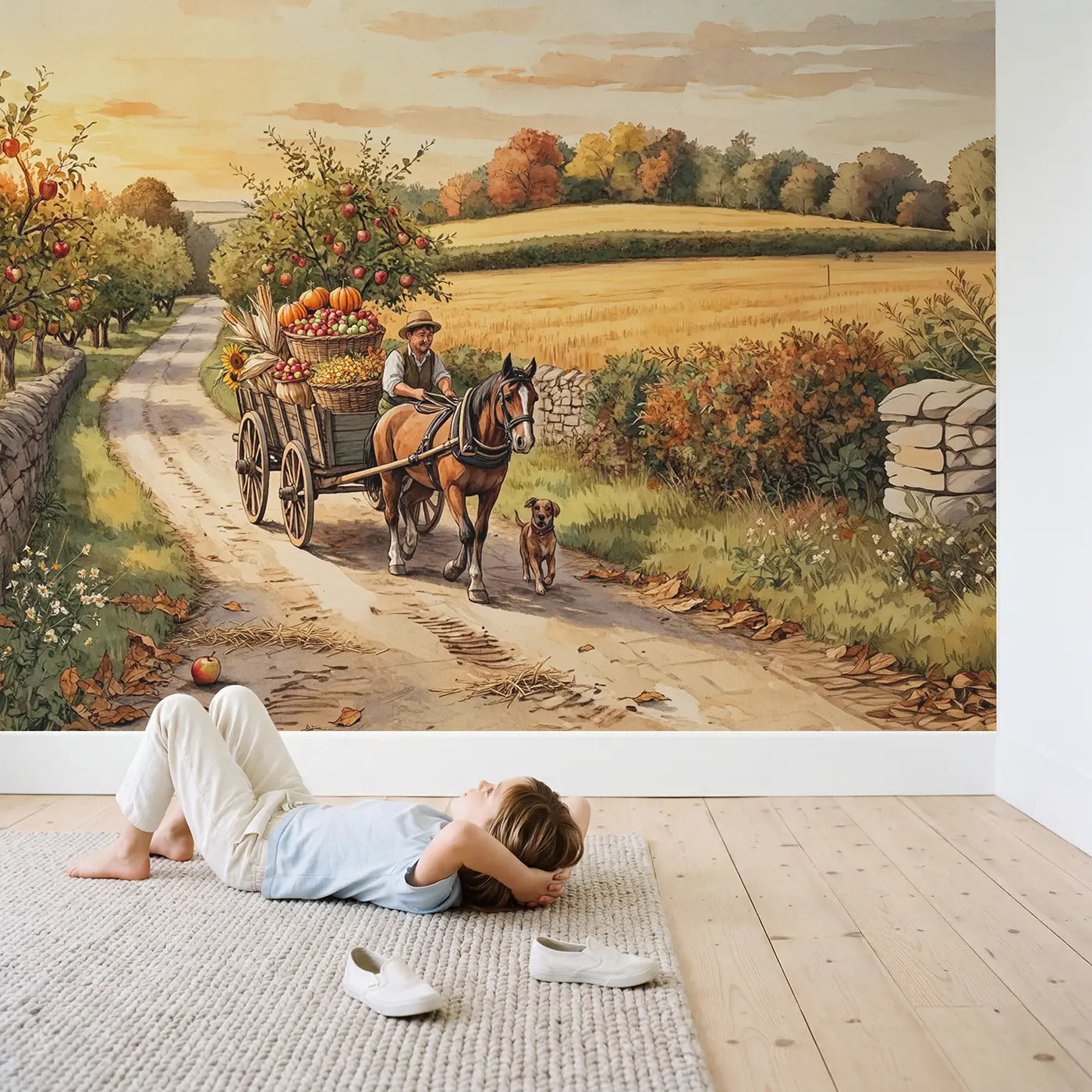 Child in nursery with Harvest Cart Country Lane Wallpaper Mural by Whimsy Tots